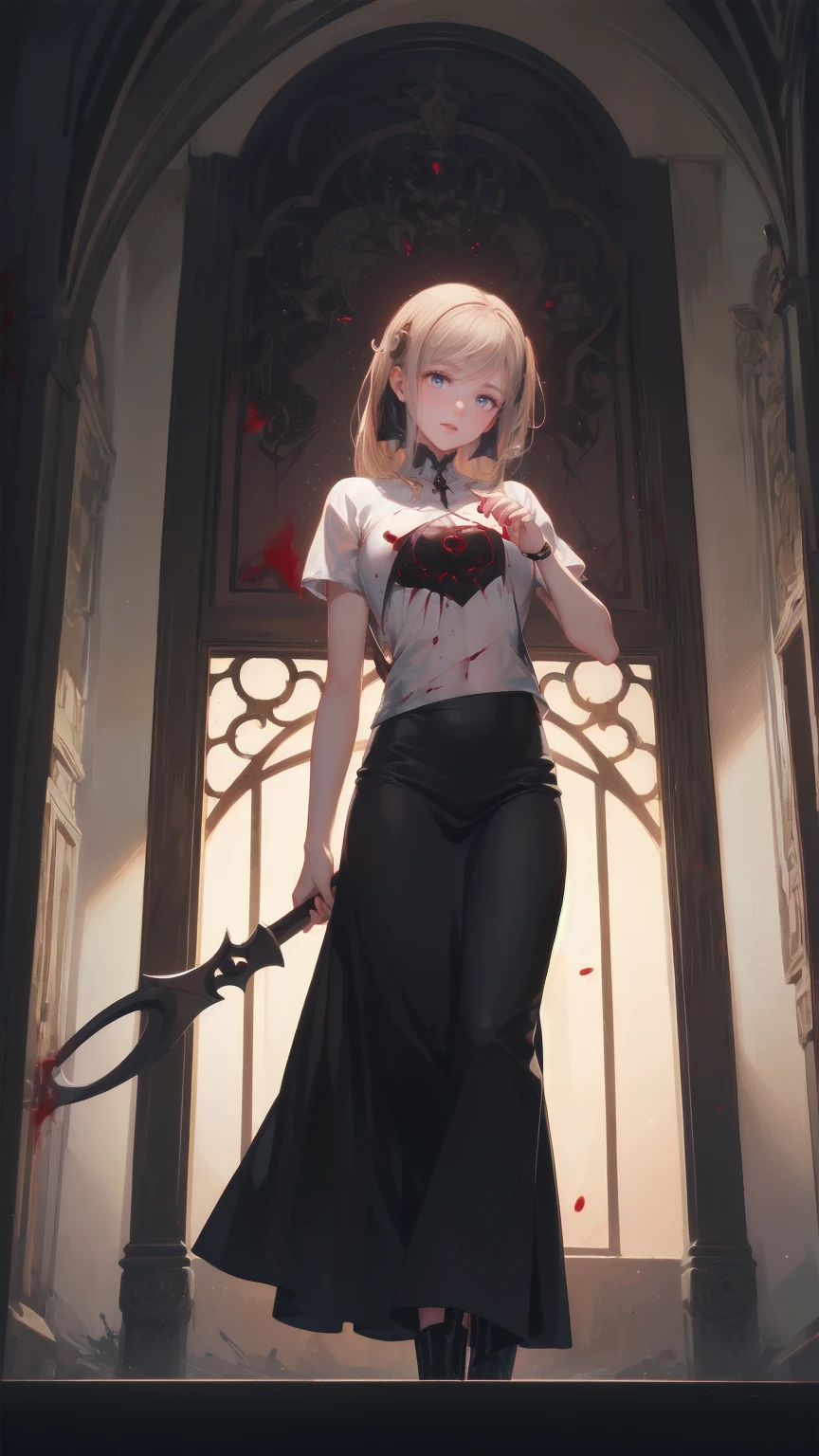 Shadowy Face　、beautiful girl、とてもcute天使、 pink t-shirt 、cute、baby face、smile、 Long Skirt、 BLACK LONG BOOTS 、.(  best quality ,4K, high definition ,  Masterpiece :1.2),  very detailed,Realistic:1.37,  Spooky altar background  ,Dark fantasy,Red Scheme ,Ominous atmosphere,Eye-catching,story,anatomy,Anime Style,  concept art,beautiful細部までこだわった顔と (((red eyes ))),A terrifying ritual ,Satan's Ritual  ,Premature death,Inappropriate behavior, smile ,Scythe Face,Girl Monster, beautiful,  delicate facial features,   sharp eye,  sharp fangs, pale Skin, Dark Background,   movie lights, Dramatic Shadows,  gothic,   Being in a Dark Atmosphere , Dark fantasy, 1 person&#39;S,  please open your mouth wide ,  In the dark atmosphere of 。 open your mouth and peel your fangs  , Beastly Sharp Teeth , Wide lips, Very big mouth,  red cheeks , ,( Blood Splatter :1.4),Scary smile, smile, angel design , TwiSted smile、Bloody、Head bleeding,,,,,、 Blood Splatter 、,( Blood Splatter :1.4), skull bones,devil&#39;s gun,Horror Style, (( Fantasy Sweet Taffle Ruffle Pink Costume)), ((  Flowing blonde hair  )), ,( Blood Splatter :1.4),Female Curves,  sexy flat stomach ,   perfect hand, Perfect anime face, (Pink Tata Dress)),  standing, ((悪のsmile)), ,( Blood Splatter :1.4), Steam circulation, Moonlight Illumination, night lighting, ( Blood Splatter :1.6),アニメ angel design , TwiSted smile、Bloody、Head bleeding,,,,,、 Blood Splatter 、,( Blood Splatter :1.4),  skull bones,Gothic architecture、Western architecture、  fantasy world  、,Victorian city, Skeleton Gas Light, absurd,  high definition 、 ((   table top naked underneath the jacket)), ((  best quality )), (  very detailedな), ((  very detailed)), (beautiful), ((cute)), (NFSW:1.8), Alone,(:1.6)、(world&#39;最も恐ろしく気味の悪いdevilの女の子:1.5)beautiful face、  Full Body Esbian 、pale, beautiful肌、beautiful金の髪、smile gently、Dark building ruins、(snow white&#39; ruffle dress:1.3)、( Dark Ruins Are Stained with Blood :1.3)、Low angle full body shot、(少女は血の海の中に standing:1.5)、(The ground :1.3)、( that girl lost a ton of blood ....:1.3)、( smile :1.6)、Spirit、( Blood dripping from the mouth :1.3)、
