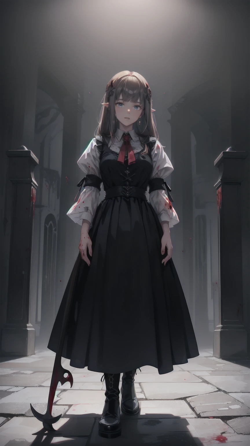 Shadowy Face　、beautiful girl、とてもcute天使、 pink t-shirt 、cute、baby face、smile、 Long Skirt、 BLACK LONG BOOTS 、.(  best quality ,4K, high definition ,  Masterpiece :1.2),  very detailed,Realistic:1.37,  Spooky altar background  ,Dark fantasy,Red Scheme ,Ominous atmosphere,Eye-catching,story,anatomy,Anime Style,  concept art,beautiful細部までこだわった顔と (((red eyes ))),A terrifying ritual ,Satan's Ritual  ,Premature death,Inappropriate behavior, smile ,Scythe Face,Girl Monster, beautiful,  delicate facial features,   sharp eye,  sharp fangs, pale Skin, Dark Background,   movie lights, Dramatic Shadows,  gothic,   Being in a Dark Atmosphere , Dark fantasy, 1 person&#39;S,  please open your mouth wide ,  In the dark atmosphere of 。 open your mouth and peel your fangs  , Beastly Sharp Teeth , Wide lips, Very big mouth,  red cheeks , ,( Blood Splatter :1.4),Scary smile, smile, angel design , TwiSted smile、Bloody、Head bleeding,,,,,、 Blood Splatter 、,( Blood Splatter :1.4), skull bones,devil&#39;s gun,Horror Style, (( Fantasy Sweet Taffle Ruffle Pink Costume)), ((  Flowing blonde hair  )), ,( Blood Splatter :1.4),Female Curves,  sexy flat stomach ,   perfect hand, Perfect anime face, (Pink Tata Dress)),  standing, ((悪のsmile)), ,( Blood Splatter :1.4), Steam circulation, Moonlight Illumination, night lighting, ( Blood Splatter :1.6),アニメ angel design , TwiSted smile、Bloody、Head bleeding,,,,,、 Blood Splatter 、,( Blood Splatter :1.4),  skull bones,Gothic architecture、Western architecture、  fantasy world  、,Victorian city, Skeleton Gas Light, absurd,  high definition 、 ((   table top naked underneath the jacket)), ((  best quality )), (  very detailedな), ((  very detailed)), (beautiful), ((cute)), (NFSW:1.8), Alone,(:1.6)、(world&#39;最も恐ろしく気味の悪いdevilの女の子:1.5)beautiful face、  Full Body Esbian 、pale, beautiful肌、beautiful金の髪、smile gently、Dark building ruins、(snow white&#39; ruffle dress:1.3)、( Dark Ruins Are Stained with Blood :1.3)、Low angle full body shot、(少女は血の海の中に standing:1.5)、(The ground :1.3)、( that girl lost a ton of blood ....:1.3)、( smile :1.6)、Spirit、( Blood dripping from the mouth :1.3)、
