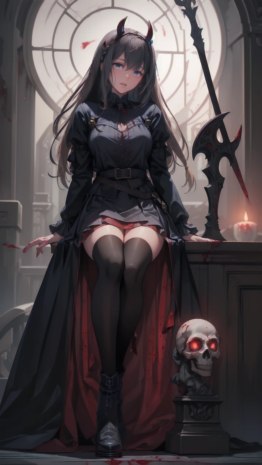 Shadowy Face　、beautiful girl、とてもcute天使、 pink t-shirt 、cute、baby face、smile、 Long Skirt、 BLACK LONG BOOTS 、.(  best quality ,4K, high definition ,  Masterpiece :1.2),  very detailed,Realistic:1.37,  Spooky altar background  ,Dark fantasy,Red Scheme ,Ominous atmosphere,Eye-catching,story,anatomy,Anime Style,  concept art,beautiful細部までこだわった顔と (((red eyes ))),A terrifying ritual ,Satan's Ritual  ,Premature death,Inappropriate behavior, smile ,Scythe Face,Girl Monster, beautiful,  delicate facial features,   sharp eye,  sharp fangs, pale Skin, Dark Background,   movie lights, Dramatic Shadows,  gothic,   Being in a Dark Atmosphere , Dark fantasy, 1 person&#39;S,  please open your mouth wide ,  In the dark atmosphere of 。 open your mouth and peel your fangs  , Beastly Sharp Teeth , Wide lips, Very big mouth,  red cheeks , ,( Blood Splatter :1.4),Scary smile, smile, angel design , TwiSted smile、Bloody、Head bleeding,,,,,、 Blood Splatter 、,( Blood Splatter :1.4), skull bones,devil&#39;s gun,Horror Style, (( Fantasy Sweet Taffle Ruffle Pink Costume)), ((  Flowing blonde hair  )), ,( Blood Splatter :1.4),Female Curves,  sexy flat stomach ,   perfect hand, Perfect anime face, (Pink Tata Dress)),  standing, ((悪のsmile)), ,( Blood Splatter :1.4), Steam circulation, Moonlight Illumination, night lighting, ( Blood Splatter :1.6),アニメ angel design , TwiSted smile、Bloody、Head bleeding,,,,,、 Blood Splatter 、,( Blood Splatter :1.4),  skull bones,Gothic architecture、Western architecture、  fantasy world  、,Victorian city, Skeleton Gas Light, absurd,  high definition 、 ((   table top naked underneath the jacket)), ((  best quality )), (  very detailedな), ((  very detailed)), (beautiful), ((cute)), (NFSW:1.8), Alone,(:1.6)、(world&#39;最も恐ろしく気味の悪いdevilの女の子:1.5)beautiful face、  Full Body Esbian 、pale, beautiful肌、beautiful金の髪、smile gently、Dark building ruins、(snow white&#39; ruffle dress:1.3)、( Dark Ruins Are Stained with Blood :1.3)、Low angle full body shot、(少女は血の海の中に standing:1.5)、(The ground :1.3)、( that girl lost a ton of blood ....:1.3)、( smile :1.6)、Spirit、( Blood dripping from the mouth :1.3)、
