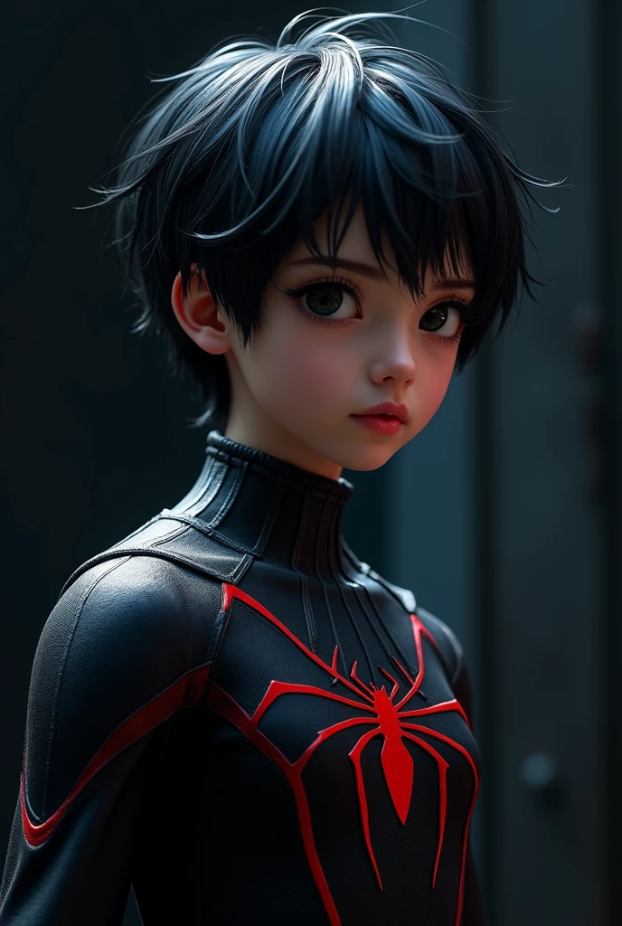 alien lab, teen boy in a tight latex spiderman suit