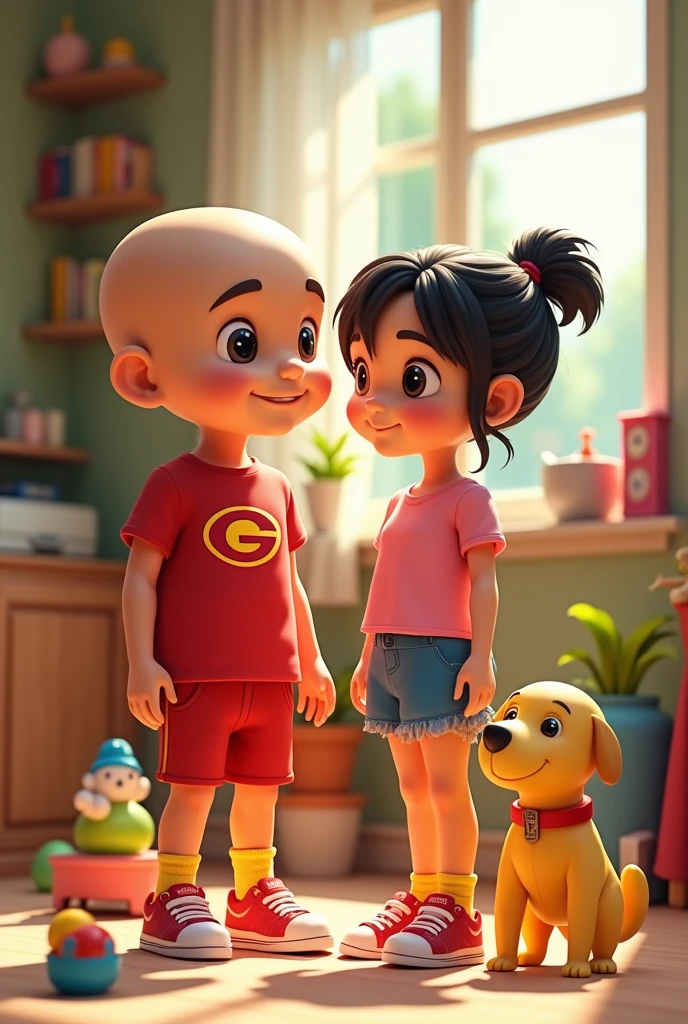 3D drawing,  bald boy,  red t-shirt with letter G on the front, Red Bermuda Shorts,  yellow socks and red sneakers ,   black hair with a ponytail on its head, Pink blouse , blue mini skirt,  yellow socks and pink sneakers ,   thin and small dog , yellow color,  with toys in a room 