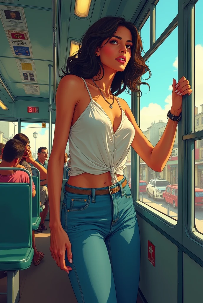 Beautiful woman, Salma Hayek, sleeping with her mouth open, sleeping passed out on the train, drooling, sweating, eyelids made up, passed out, dressed as a sexy teacher