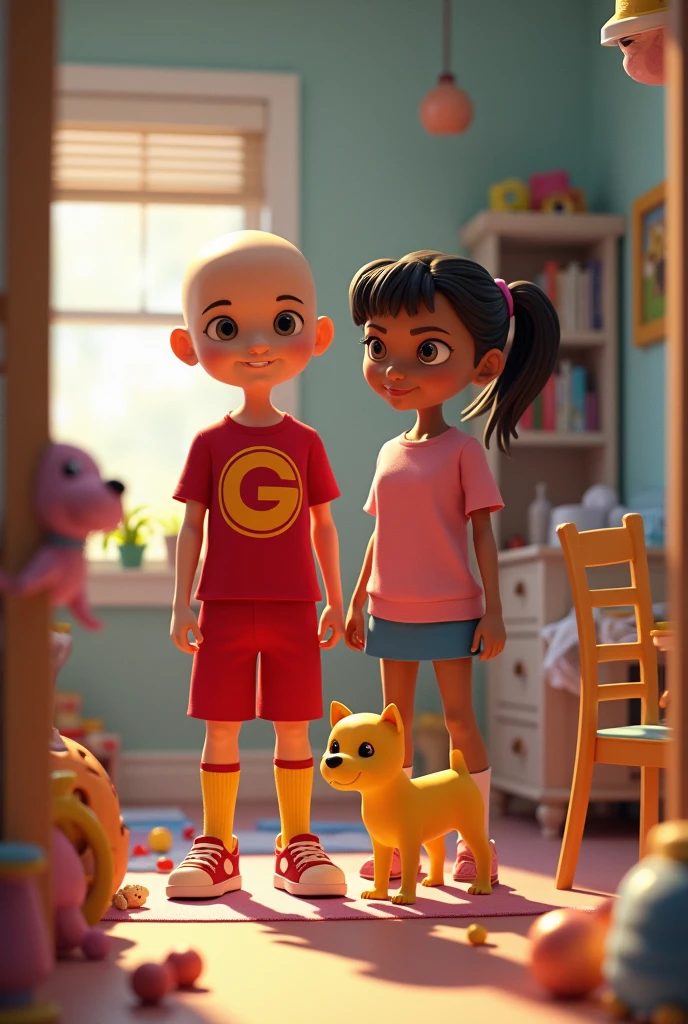 3D drawing,  bald boy,  red t-shirt with letter G on the front, Red Bermuda Shorts,  yellow socks and red sneakers ,   black hair with a ponytail on its head, Pink blouse , blue mini skirt,  yellow socks and pink sneakers ,   thin and small dog , yellow color,  with toys in a room 