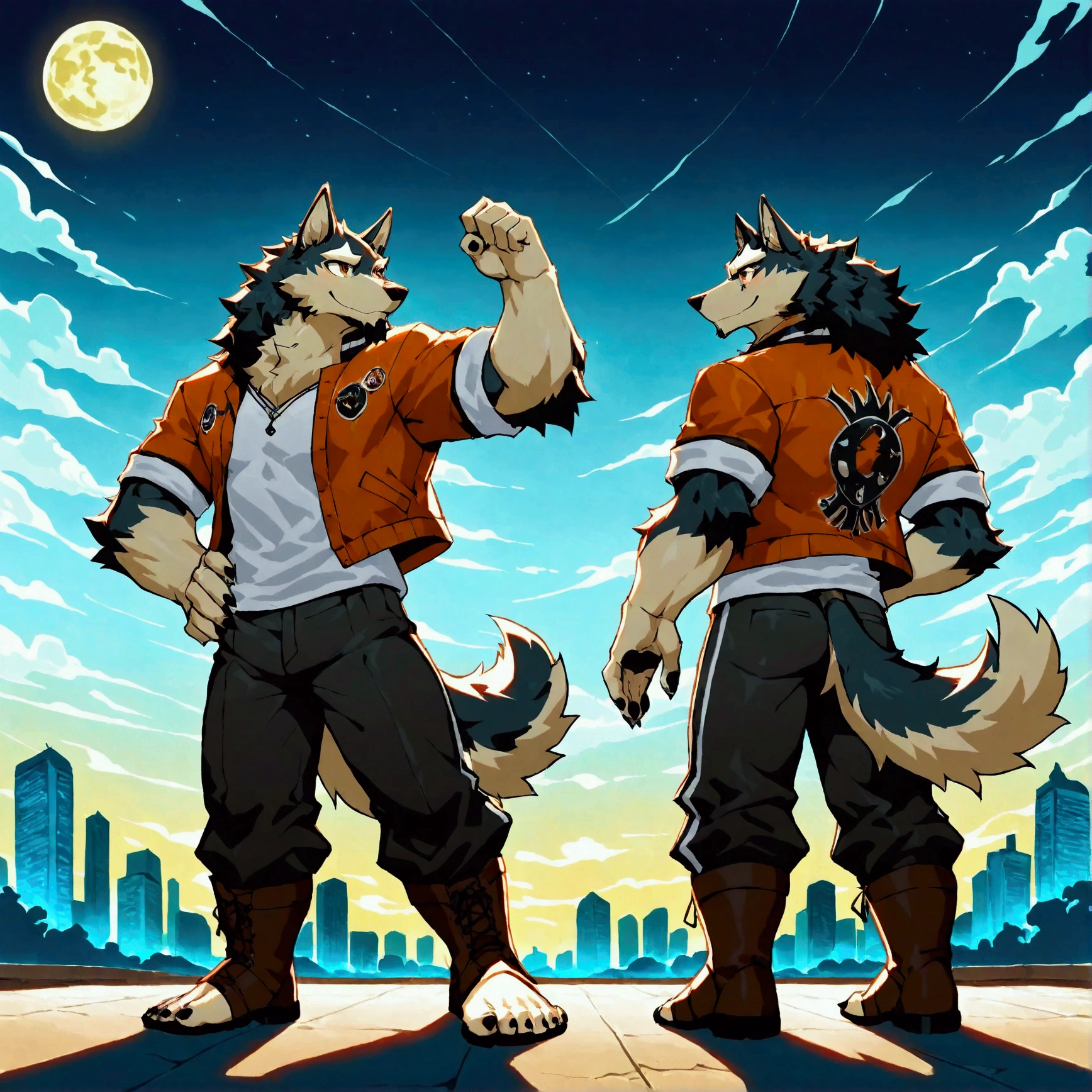 character focus, full body, looking away, back view, back focus, dynamic angle, street dancer, middle-aged wolf man, happy, little smile, street fashion, jacket, shirt, pants, boots, street dance, dancing, dynamic pose, standing, full body in Michelangelo Buonarroti style, digital illustration anime, housamo style, detailed painting landscape, full moon night, city scape, skyscrapers, outdoor, full color, HDR, BREAK complete anatomy, perfect proportions, beautiful thigh gap, fluffy body, intricate fur details, beautiful fur texture, BREAK detailed wolf one tail, detailed toe, 5toes, 5toes nails, beautiful foot, detailed hands, 5fingers, 5fingers nails, BREAK aesthetic anime face, insanity detailed face, male face, big face, square jawline, aesthetic anime eyes, detailed brown eyes, detailed brown cornea, detailed dark brown irises, detailed pupils, male eyes, big eyes, male eyebrows, innocent look, beautiful beard, BREAK masterpiece, official art, best quality, very aesthetic, absurdres, super fine illustration, great quality, BREAK noise reduction, very highres, large filesize, high quality, 32K, 8k wallpaper, dynamic lighting, BREAK insanity detailed, ultra detailed, intricate details, extremely detailed, detailed texture, an extremely delicate and beautiful, BREAK e621 illustration, osukemo, kemohomo, anthropomorphic, furry, cartoon, harmonious body, pastoral face, virtuous eyes, street atmosphere