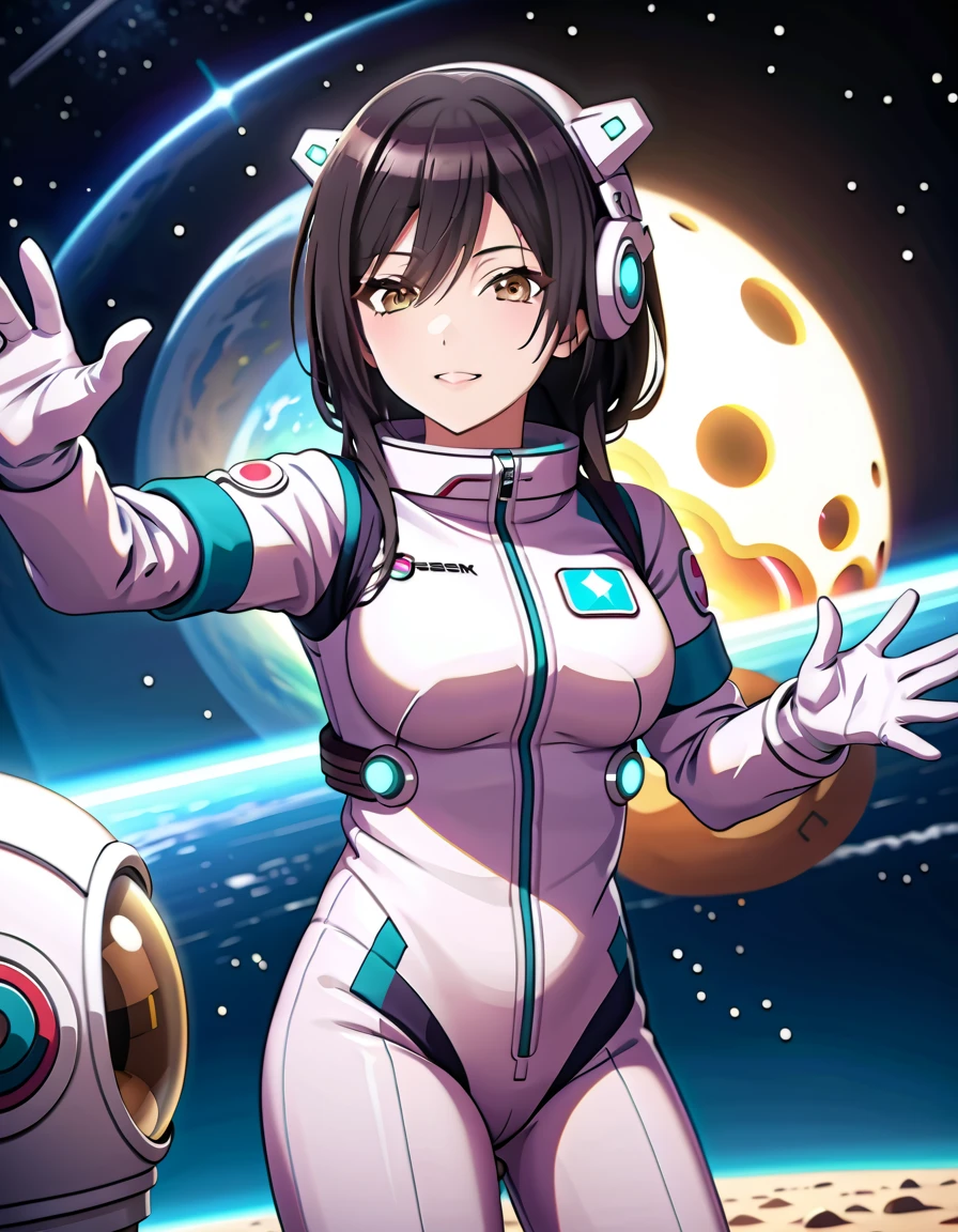 (spacesuit:1.15), white cargo pants, astronaut)bubble helmet, space helmet, white gloves , , looking close at you, outer space, floating, masterpiece, best quality, 1girl, beautiful, solo, , shirase sakuya, srssky, black hair, straight hair, bangs, yellow eyes, large breasts, happy, difficulty breathing, waving, fullbody, having a boner