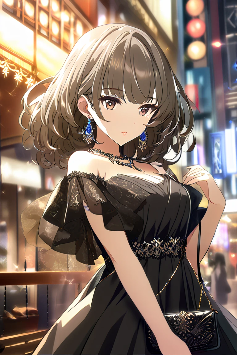 1girl, breasts, solo, jewelry, earrings, cleavage, large_breasts, brown_hair, handbag, bag, long_hair, black_dress, dress, looking_at_viewer, blurry, necklace, own_hands_together, blurry_background, clothing_cutout