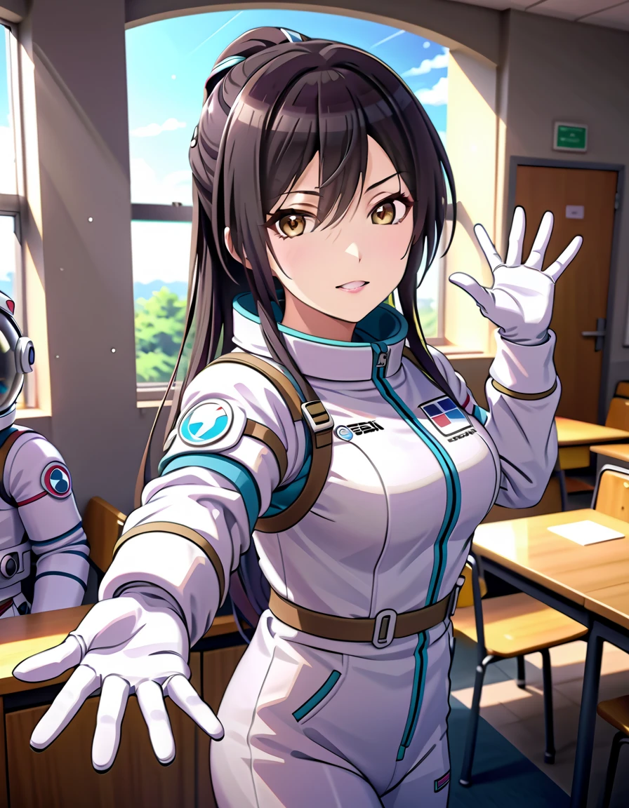 (spacesuit:1.15), white cargo pants, astronaut)bubble helmet, space helmet, white gloves , , looking close at you, classroom, sunlight from the windows, standing, masterpiece, best quality, 1girl, beautiful, solo, , shirase sakuya, srssky, black hair, straight hair ponytail, bangs, yellow eyes, large breasts, happy, waving, fullbody