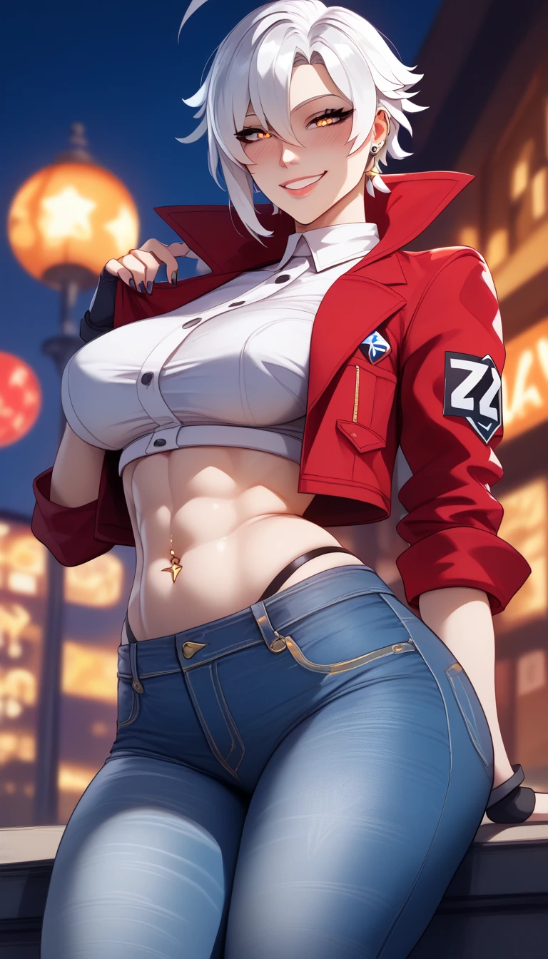 (best quality: 1.3)、(4K quality)、clean and beautiful face、a 1girl、(white hair、golden eyes、big breasts、thin、bare belly、athletic curves、piercing no umbigo、wide thighs)、stand up、posing、Zenless Zone Zero、((white jacket、jeans))、 erotic、manager、night time、smile、blushed,