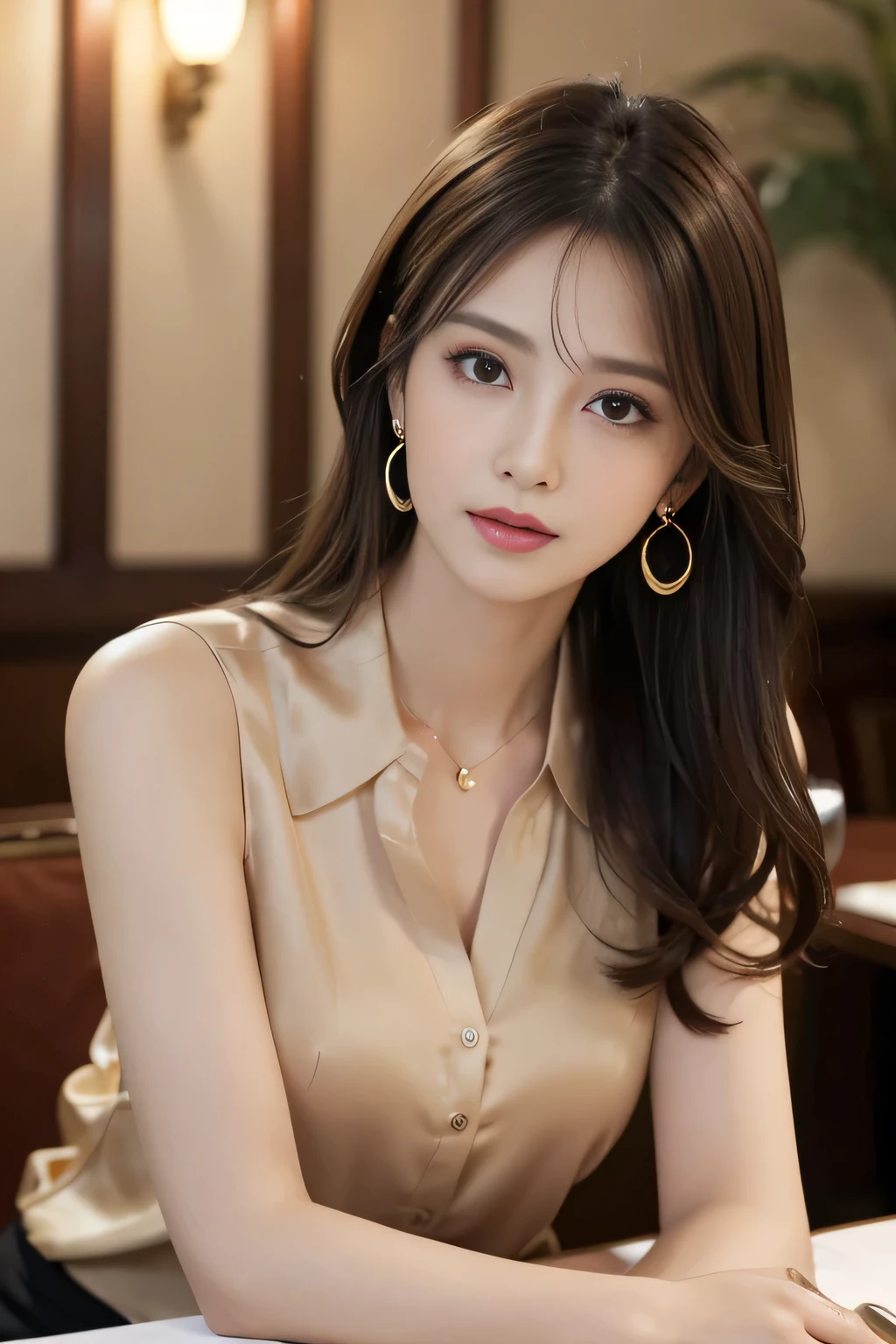 masterpiece, Highest quality, Realistic, Very detailed, Finer details, High resolution, 8k wallpaper, One beautiful woman, Wear a pretty colored silk shirt, In a great restaurant, At night, Light brown messy hair, Perfect dynamic composition, Beautiful and beautiful eyes、Big earrings、chest、Sleeveless shirt、