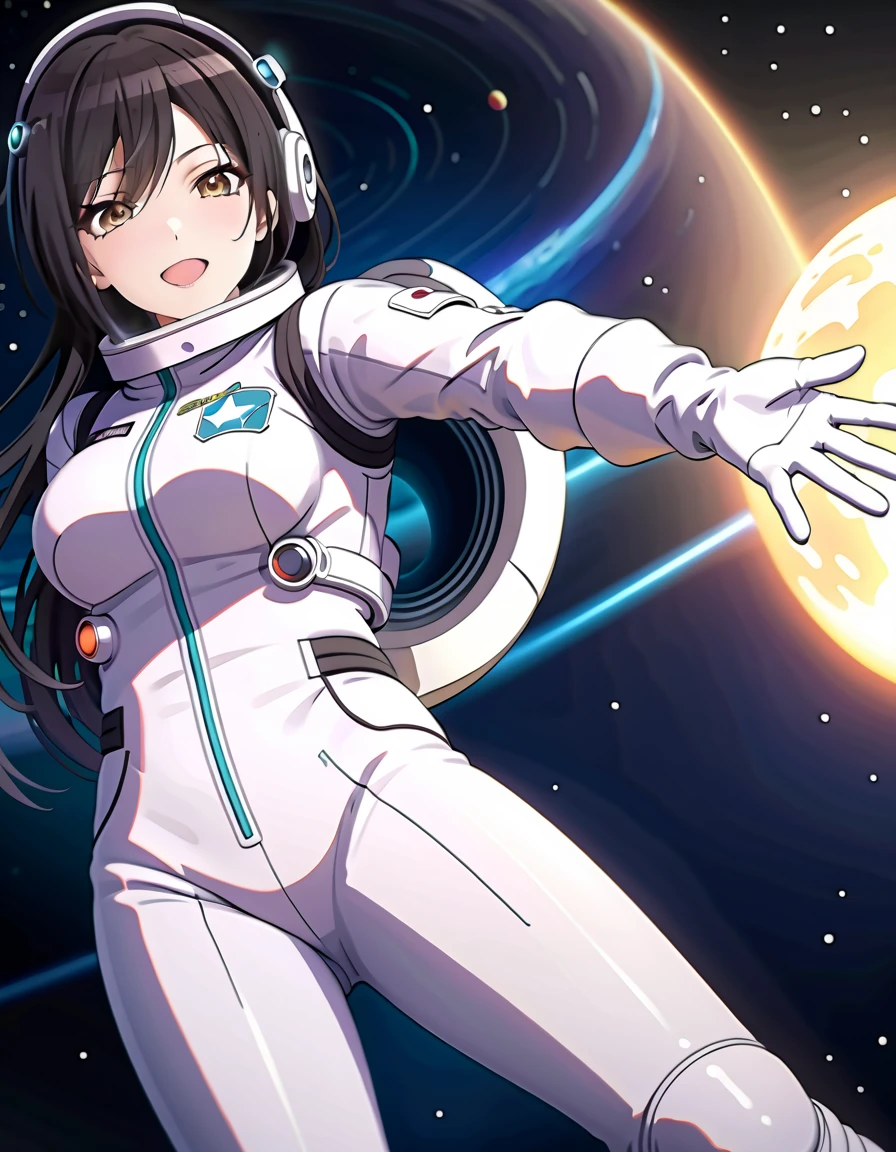 (spacesuit:1.15), white cargo pants, astronaut)bubble helmet, space helmet, white gloves , , looking close at you, outer space, floating, masterpiece, best quality, 1girl, beautiful, solo, , shirase sakuya, srssky, black hair, straight hair, bangs, yellow eyes, large breasts, happy, difficulty breathing, waving, fullbody