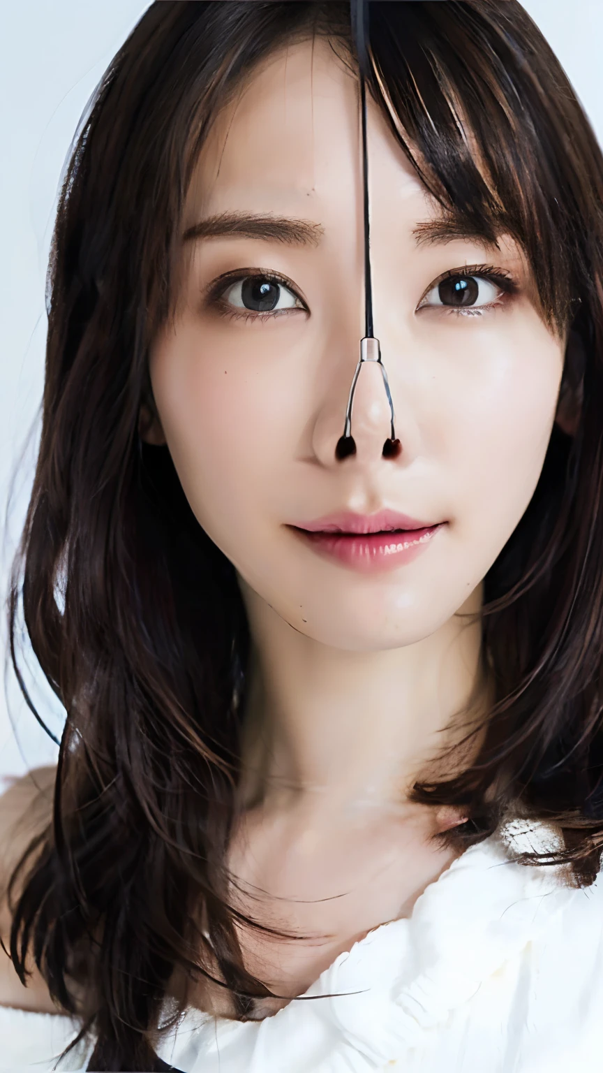Fashion trendy beautiful and attractive woman, ,(Highest quality realistic textured skin:1.4), detailed eyes, detailed face, high quality eyes, focus the eyes clearly, nose and mouth,face focus, Super close up of face gentle and charming Chinese beautiful woman, delicate and sexy clavicle, attractive oval face, double eyelid, Smart peach blossom eyes, pink lips, small nose, bare shoulders, focus on the face, close up of face, ultra high resolution, Super detailed, full body photo, Ultra-thin and transparent, The white off-shoulder shirt goes perfectly with the light blue slit skirt, fresh and good, And see through