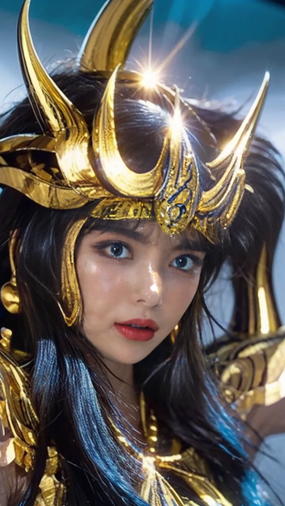 masterpiece,  for light, thin hair color, 超 high definition , Realistic skin texture,  Armature , (Realistic:1.4),  high definition ,  RAW photo,  1 girl, shiny skin, ( Detail Skin :1.2), Realistic skin texture, Best writing, Shine, Gold Armor,(blue long disheveled hair ),  wearing a gold helmet,  Dramatic Lighting ,Cool pose, ( Greek temple background :1.3), Night Sky, universe, milky way,( pointed shoulder armor ), blue eyes, long, beautiful eyes, beautiful face, blue hair 