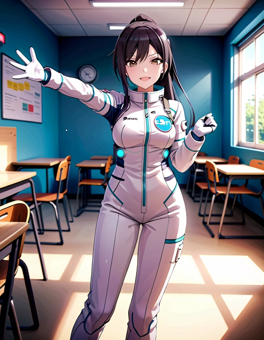 (spacesuit:1.15), white cargo pants, astronaut)bubble helmet, space helmet, white gloves , , looking close at you, classroom, sunlight from the windows, standing, masterpiece, best quality, 1girl, beautiful, solo, , shirase sakuya, srssky, black hair, straight hair, ponytail, bangs, yellow eyes, large breasts, happy, winking, waving, fullbody