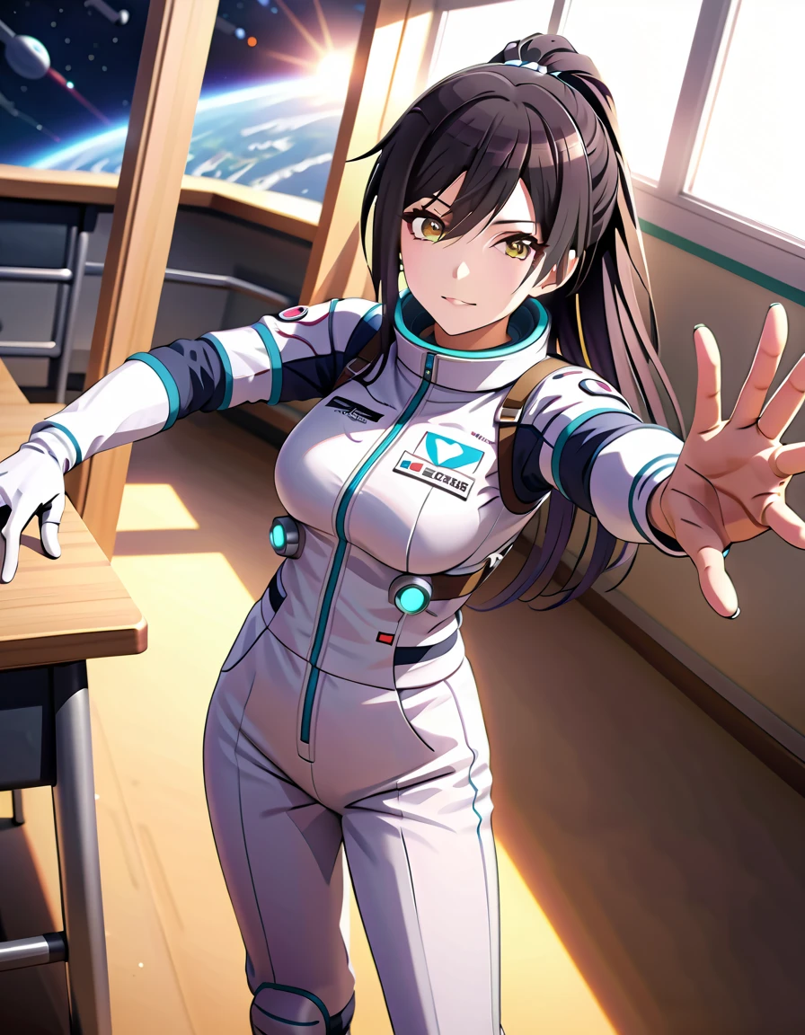 (spacesuit:1.15), white cargo pants, astronaut)bubble helmet, space helmet, white gloves , , looking close at you, classroom, sunlight from the windows, standing, masterpiece, best quality, 1girl, beautiful, solo, , shirase sakuya, srssky, black hair, straight hair ponytail, bangs, yellow eyes, large breasts, happy, waving, fullbody