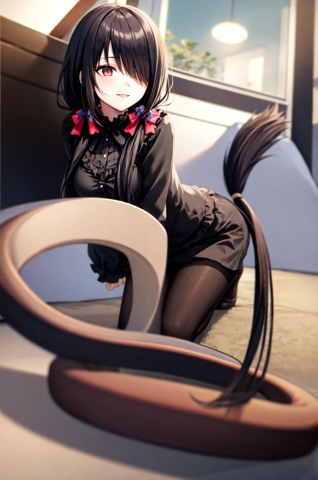 (Anime girl)), ((cat ears and tail)), ((black fluffy hair)), ((sitting in bar)), ((full body)), ((looking back)), ((hand touching hair)) ((black turtleneck sweater)) ((black jeans))