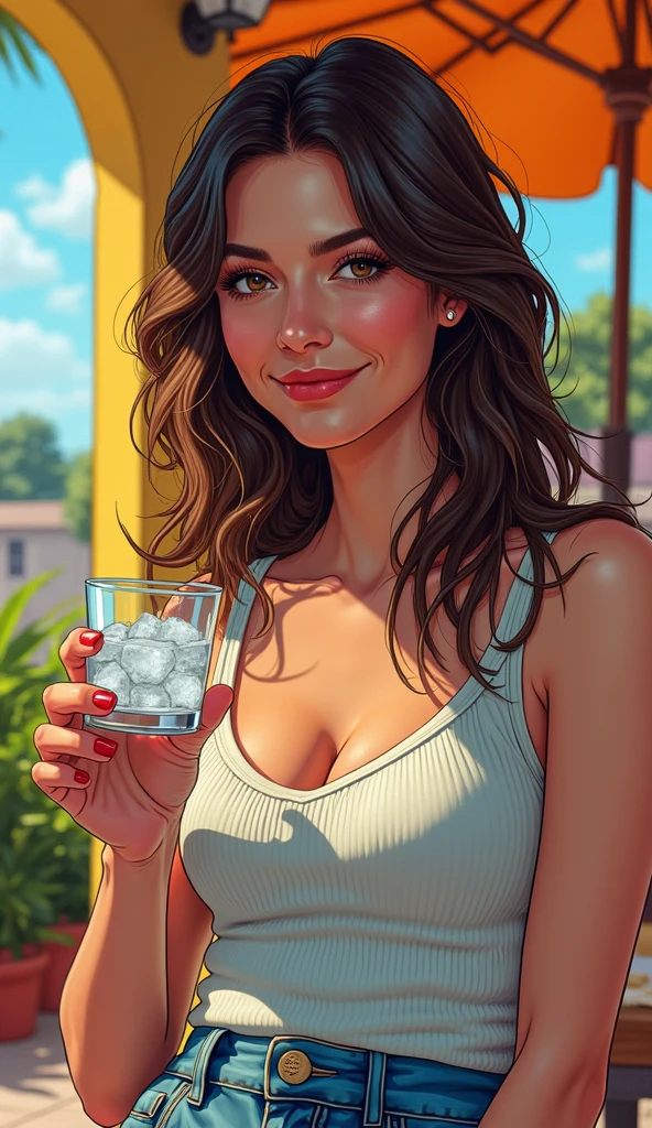 Woman, brunette big hair, curled hair, holding a glass of drink. blue clothing, PICTURE REALISTIC, 4k full hd, extremely lifelike 