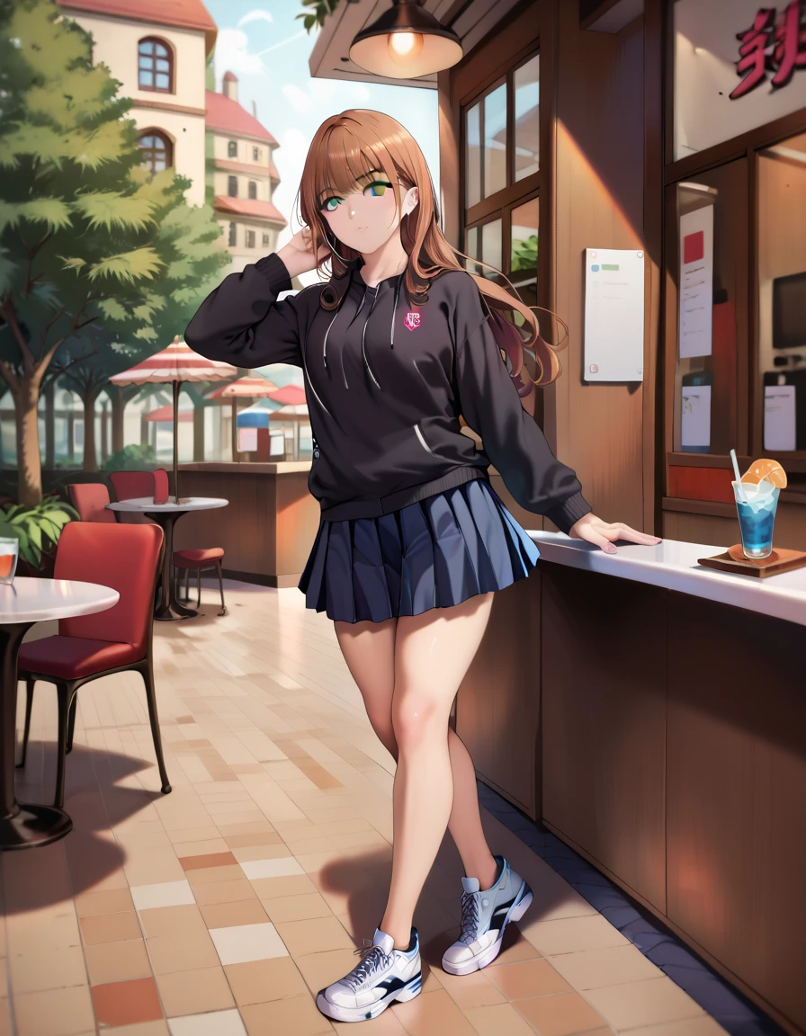 masterpiece,best quality,absurdres,1girl,shiny_skin,solo,pensive look,brown hair,long hair,straight hair,black sweatshirt, gray miniskirt, pleated skirt,white sneakers,perfect body,dynamic pose,cafe,intricate details,cinematic composition,portrait