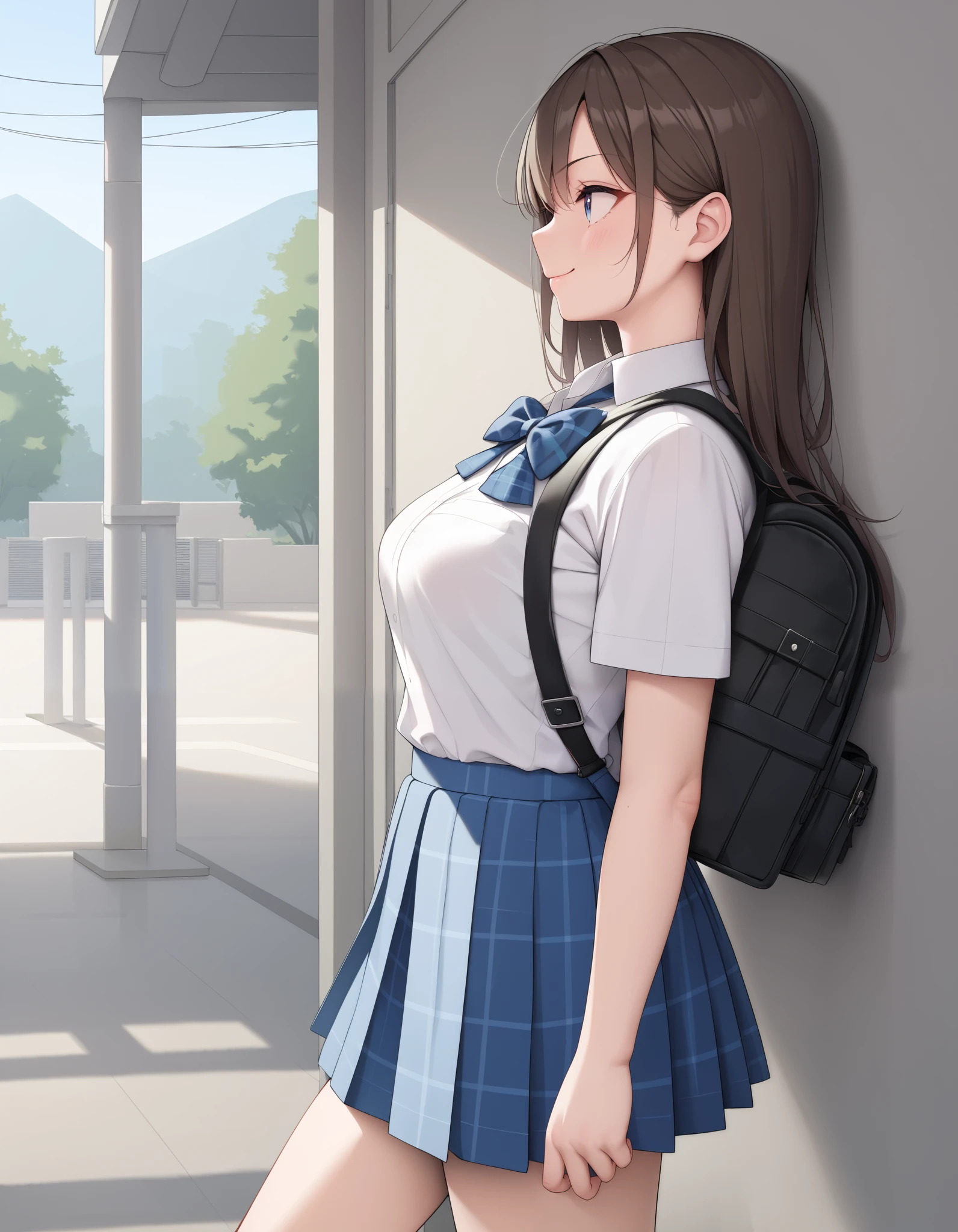 Masterpiece, hd, 1girl, brown hair, long hair, smile, medium breasts,school uniform, white collared shirt, blue bowtie, short sleeves, blue plaid skirt, mcm,bag, backpack, from side, cowboy shot, looking to the side, determined, outdoor, closed mouth, best quality