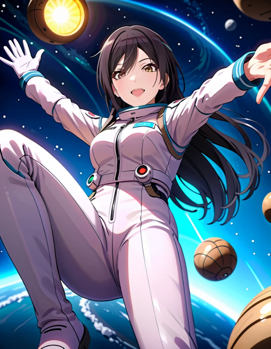 (spacesuit:1.15), white cargo pants, astronaut)bubble helmet, space helmet, white gloves , , looking close at you, outer space, floating, masterpiece, best quality, 1girl, beautiful,  image from below, solo, , shirase sakuya, srssky, black hair, straight hair, bangs, yellow eyes, large breasts, happy, difficulty breathing, saluting, fullbody