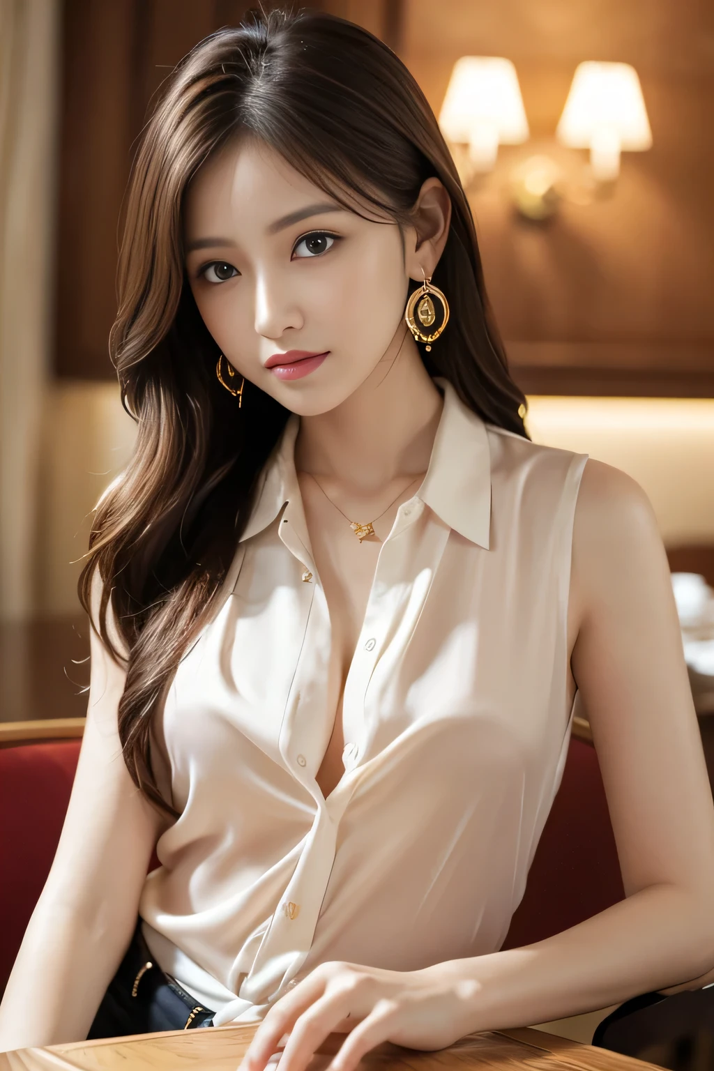 masterpiece, best quality, realistic, very detailed, finer details, high resolution, 8K wallpapers, one beautiful woman, Wear a white silk shirt, In a great restaurant, At night, light brown messy hair, Complete dynamic configuration, beautiful beautiful eyes、big earrings、chest、