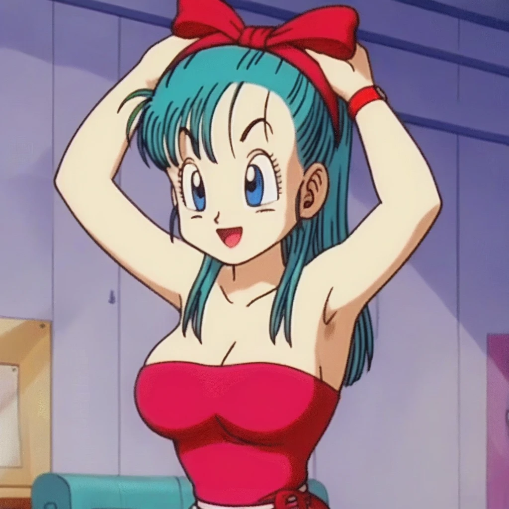 source_anime, score_9, score_8_up, score_7_up, anime screencap,
bulma \(dragonball\), 1girl, solo, very long hair, looking at viewer, bangs, half closed eyes, red bikini, standing, upper body, moaning, horny facial expression, slutty, sexy, aqua hair, collarbone, arms by side, big breasts,