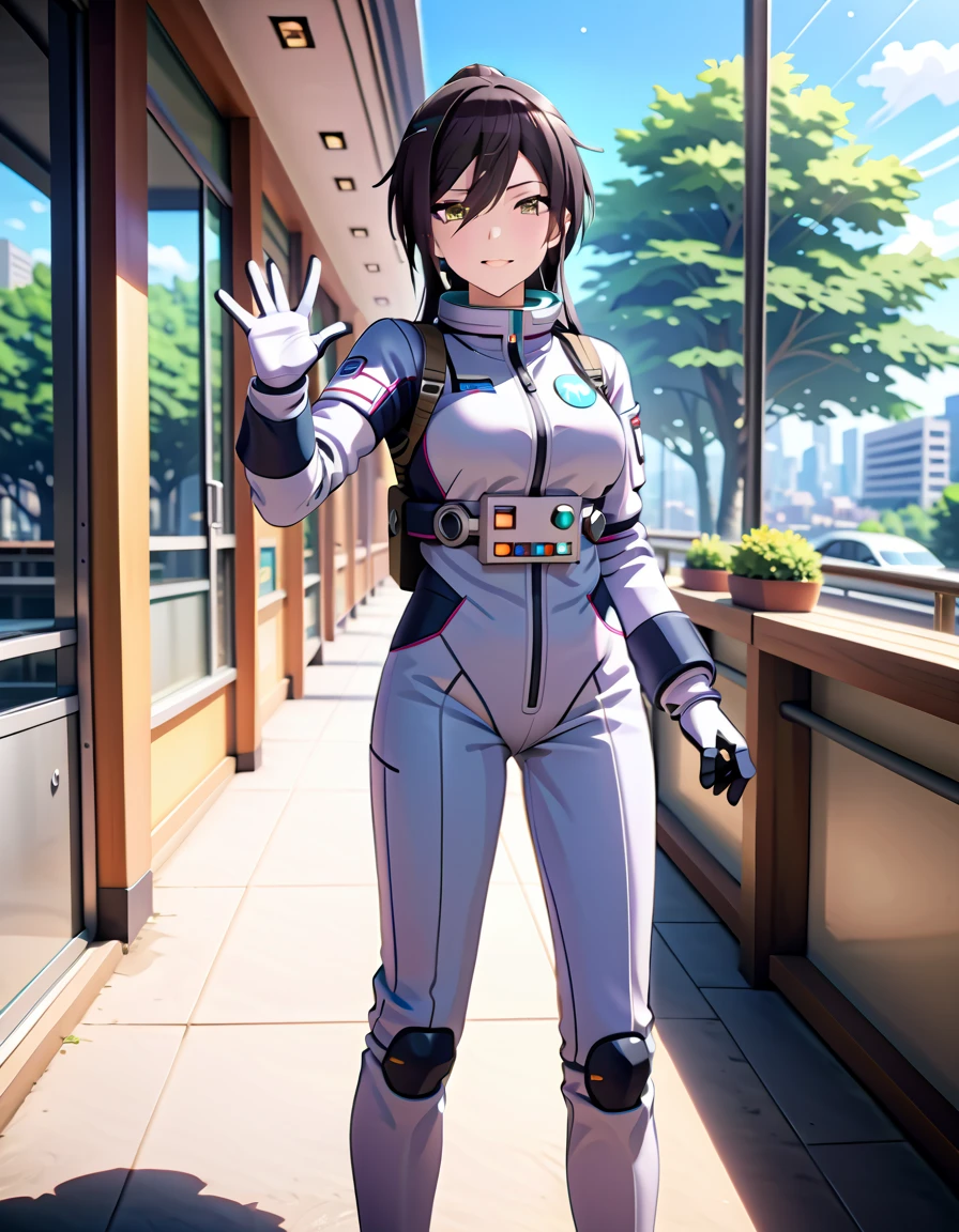 (spacesuit:1.15), white cargo pants, astronaut)bubble helmet, space helmet, white gloves , , looking close at you, outdoors, city, plant, tree, display window, day, blue sky, sunbeam, standing, masterpiece, best quality, 1girl, beautiful, solo, , shirase sakuya, srssky, black hair, straight hair ponytail, bangs, yellow eyes, large breasts, happy, waving, fullbody