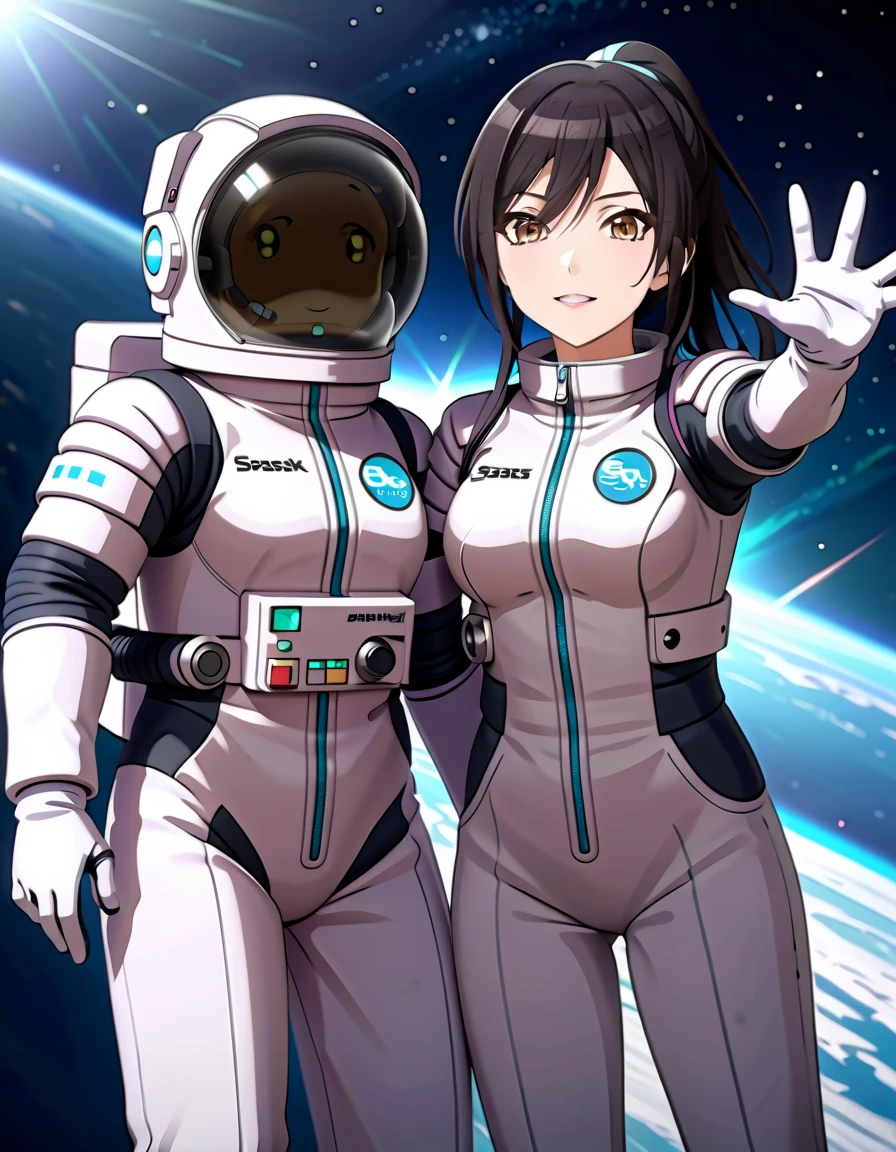 (spacesuit:1.15), white cargo pants, astronaut)bubble helmet, space helmet, white gloves , , looking close at you, standing, masterpiece, best quality, 1girl, beautiful, solo, , shirase sakuya, srssky, black hair, straight hair ponytail, bangs, yellow eyes, large breasts, happy, waving, fullbody