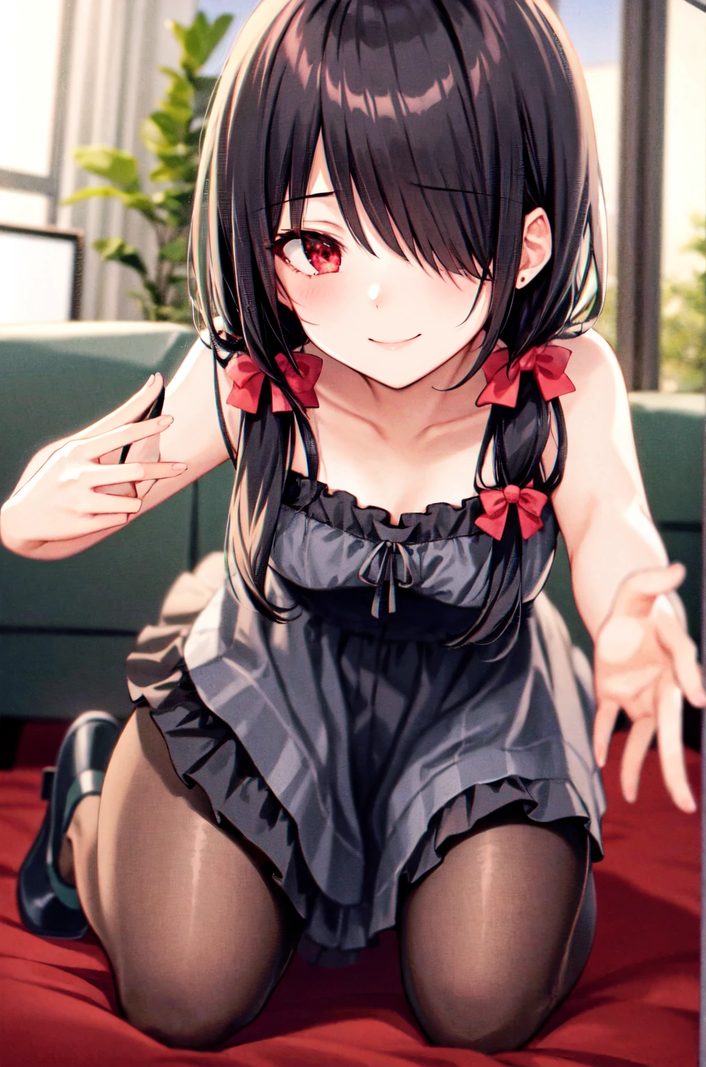 finger to mouth,from front,front view,looking at viewer, looking ahead,from above,cowboy shot,1girl,Beautiful  girl,Japanese,Slender,,low length,Small breasts,Thin legs,Small Ass,Baby Face,S,Black Hair,Row Twin Tails,Gray Eyes,Drooping eyes,middle School girls,nd pink negligee,Sexy Lingerie,open mouth,tongue out,front face,Kneeling,Straight Stand,Beautiful and detailed anime art,Mischievous smile,Sexy vibe,cum on tongue,Dimly lit room,On the bed,Simple Background,Gray background,Low lighting,
