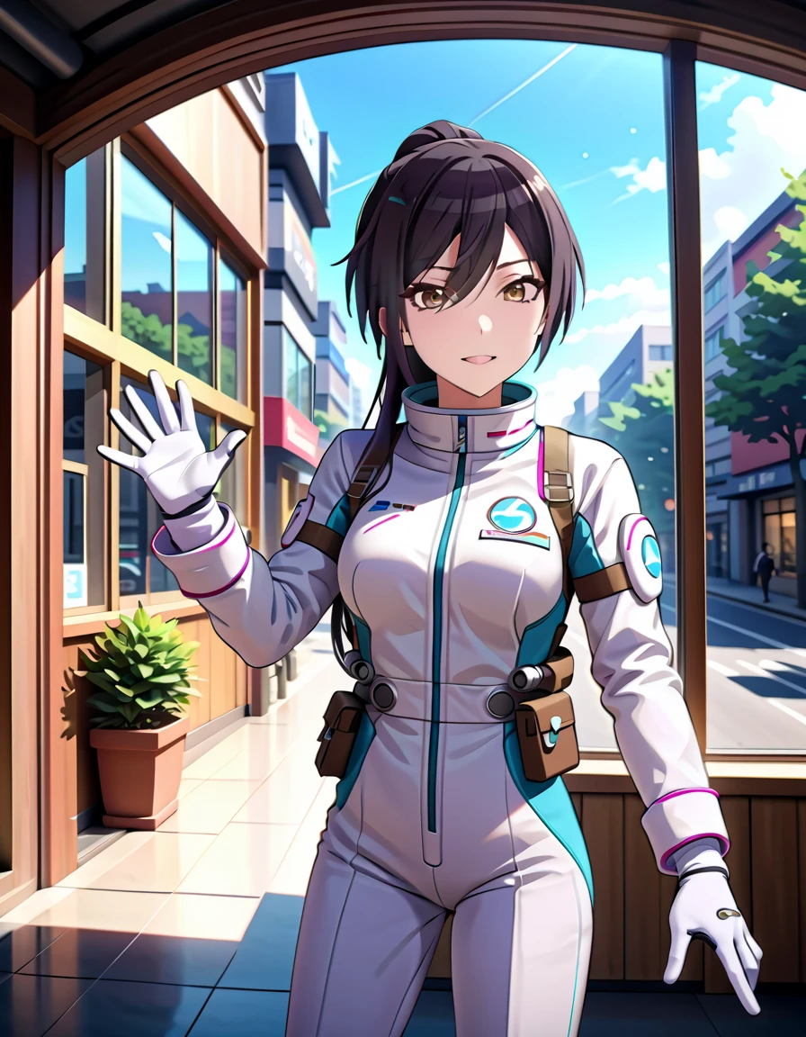 (spacesuit:1.15), white cargo pants, astronaut)bubble helmet, space helmet, white gloves , , looking close at you, outdoors, city, plant, tree, display window, day, blue sky, sunbeam, standing, masterpiece, best quality, 1girl, beautiful, solo, , shirase sakuya, srssky, black hair, straight hair ponytail, bangs, yellow eyes, large breasts, happy, waving, fullbody