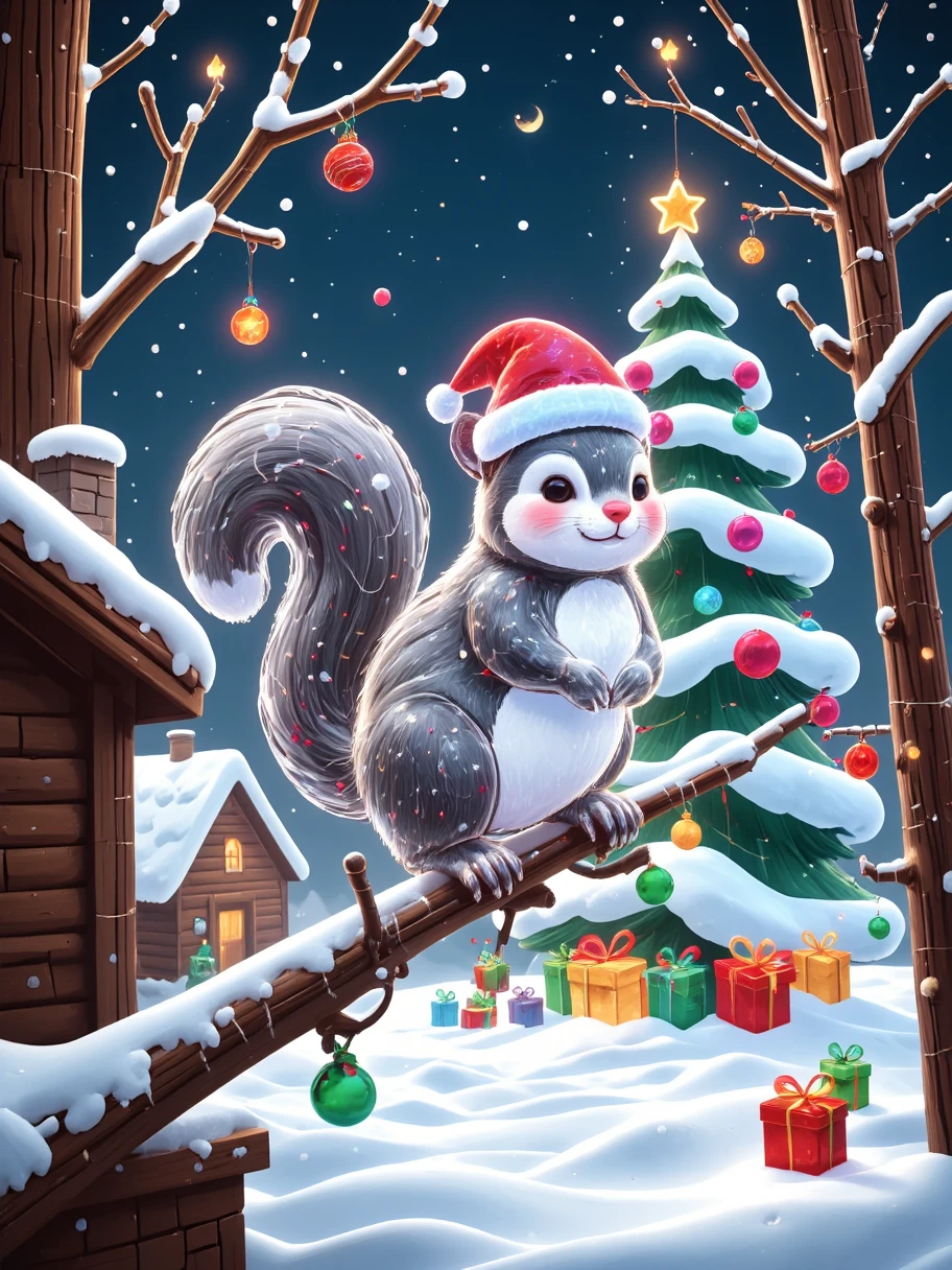  art illustration， flat style，Hand-drawn style，Bold Thick Lines ， Solid Block Dopamine，Q Cute， Create a detailed and festive scene ， showing charming squirrels during the Christmas season ， The squirrel should wear a little Santa hat ， The furry tail is covered with a layer of snow ， {x} It perches cheerfully on the branches of a snow-covered pine tree， The pine tree should be decorated with colorful gadgets ， The tree and the squirrel should be decorated with colorful gadgets ， The trees and squirrels are surrounded by a quiet snowy landscape ， Snowflakes Falling Gently ，far away，A cozy log house ， softly rising cooking smoke from the chimney ， Everything under the Christmas night stars ，Avatar element sticker ，Graffiti Art，Mixed pattern ， text and emojis ，Vector Design，simple graphic illustration， minimalism ，White Space