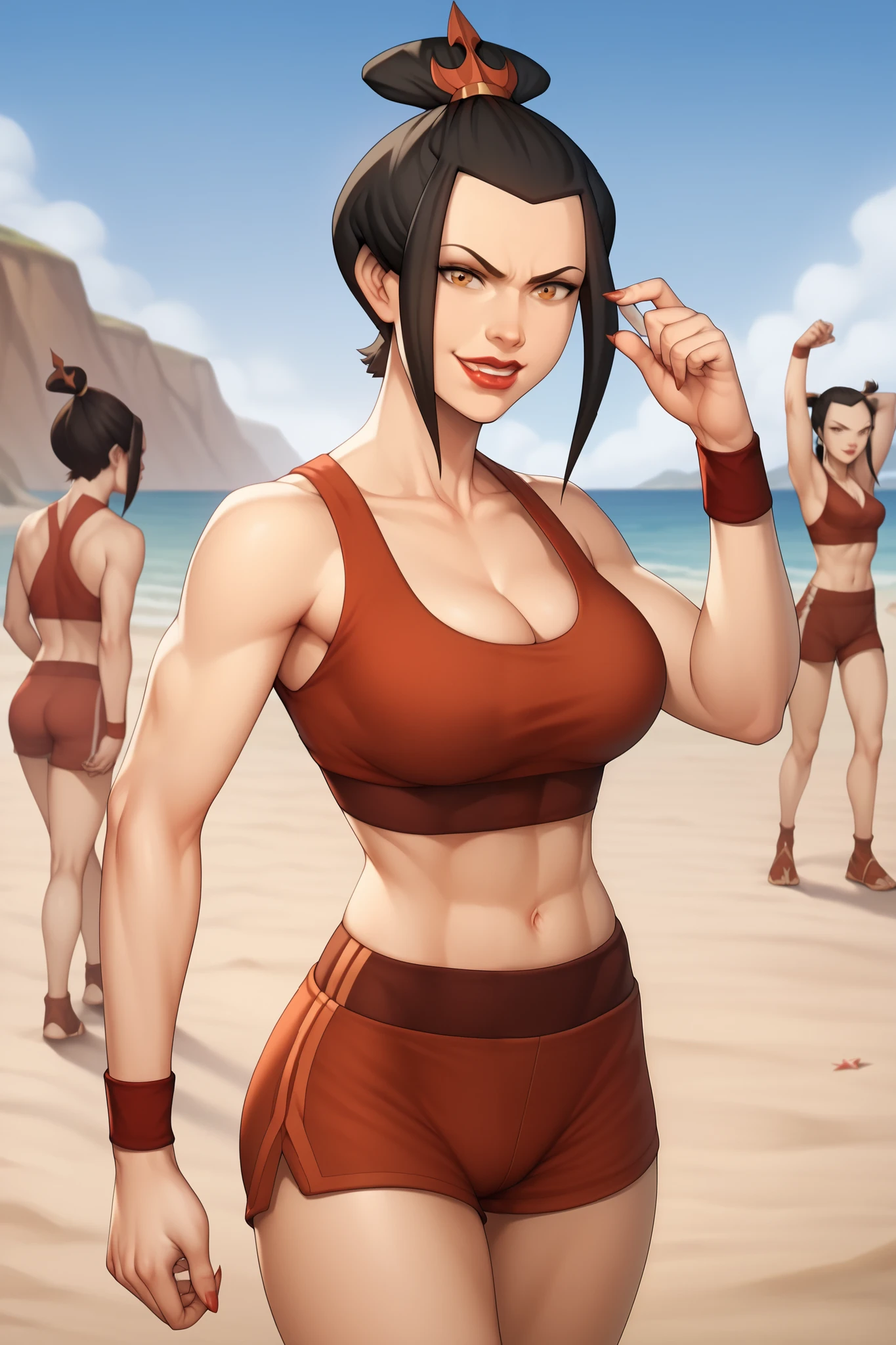    masterpiece ,    Best Quality  ,  a girl, Azula, make-up,  pronounced neckline  ,  big cleavage , defined abdomen, (gym clothes,sports holder, women's boxer shorts ),    lipstick  , black hair, ironic smile  ,    Looking at the viewer ,   sexy and beautiful legs  ,  arrogant pose ,    simple background ,    on the beach ,  with blue flames on one hand