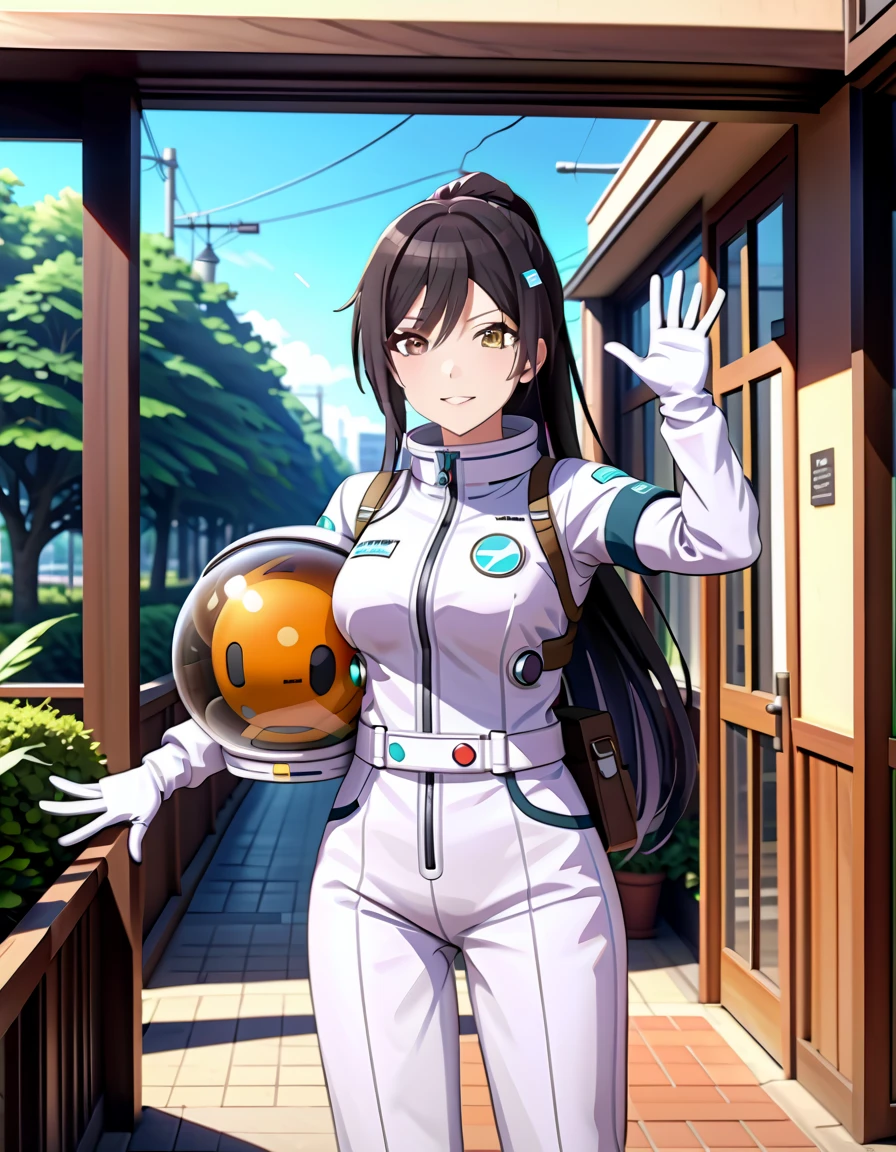 (spacesuit:1.15), white cargo pants, astronaut)bubble helmet, space helmet, white gloves , , looking close at you, outdoors, city, plant, tree, display window, day, blue sky, sunbeam, standing, masterpiece, best quality, 1girl, beautiful, solo, , shirase sakuya, srssky, black hair, straight hair ponytail, bangs, yellow eyes, large breasts, happy, waving, fullbody