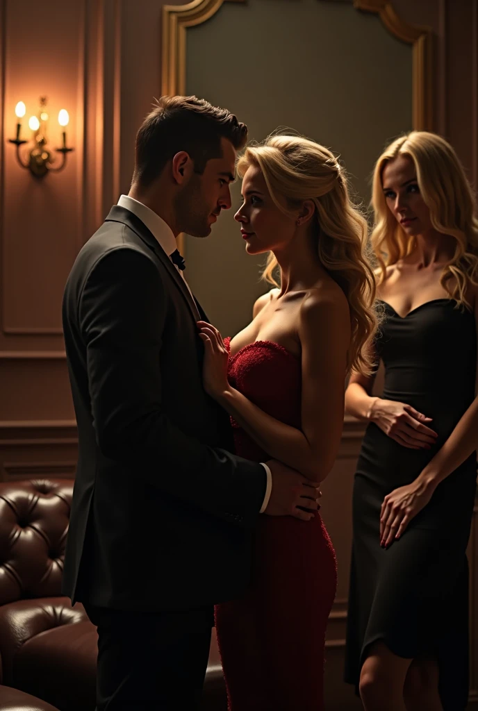 Magnificent detail, 8K Photos, hyper- realism, realistic background, visual depth, wide angle lens, professional light, full body photo. {A man in the background of the image, in an elegant suit sitting on a chair, with his arms tied to the arms of the chair, with a tape over his mouth, Watching a beautiful natural blonde woman, De pele clara, wearing sexy lace lingerie, in bed cuddling and kissing a ugly fat old man black, extremely tall and strong, in white underwear. Hotwife cuckold in gangbang with old fat man 