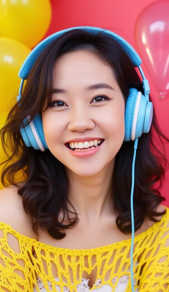 A high-quality, detailed pop art portrait of a charming Korean woman wearing stylish headphones. Her youthful features radiate sweetness and vibrancy, framed by bold, vibrant colors. The artwork blends intricate details with modern aesthetics, capturing the essence of contemporary fashion and technology in a playful, dynamic style. masterpiece, best quality, Photorealistic, ultra-high resolution, photographic light, detailed eyes, detailed lips, illustration style,