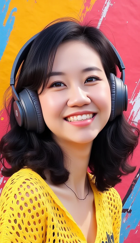 A high-quality, detailed pop art portrait of a charming Korean woman wearing stylish headphones. Her youthful features radiate sweetness and vibrancy, framed by bold, vibrant colors. The artwork blends intricate details with modern aesthetics, capturing the essence of contemporary fashion and technology in a playful, dynamic style. masterpiece, best quality, Photorealistic, ultra-high resolution, photographic light, detailed eyes, detailed lips, illustration style,