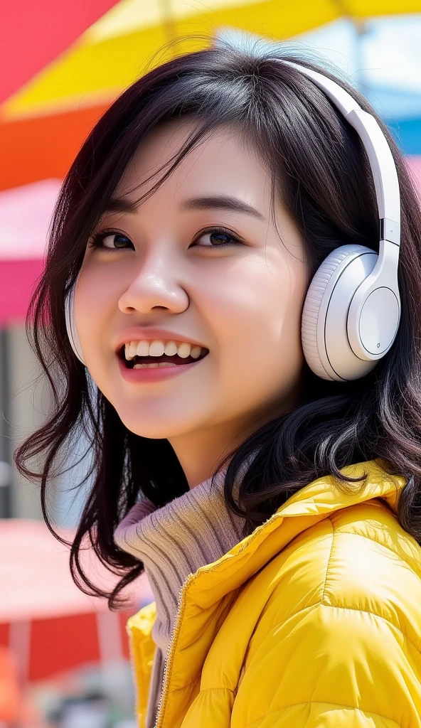 A high-quality, detailed pop art portrait of a charming Korean woman wearing stylish headphones. Her youthful features radiate sweetness and vibrancy, framed by bold, vibrant colors. The artwork blends intricate details with modern aesthetics, capturing the essence of contemporary fashion and technology in a playful, dynamic style. masterpiece, best quality, Photorealistic, ultra-high resolution, photographic light, detailed eyes, detailed lips, illustration style,