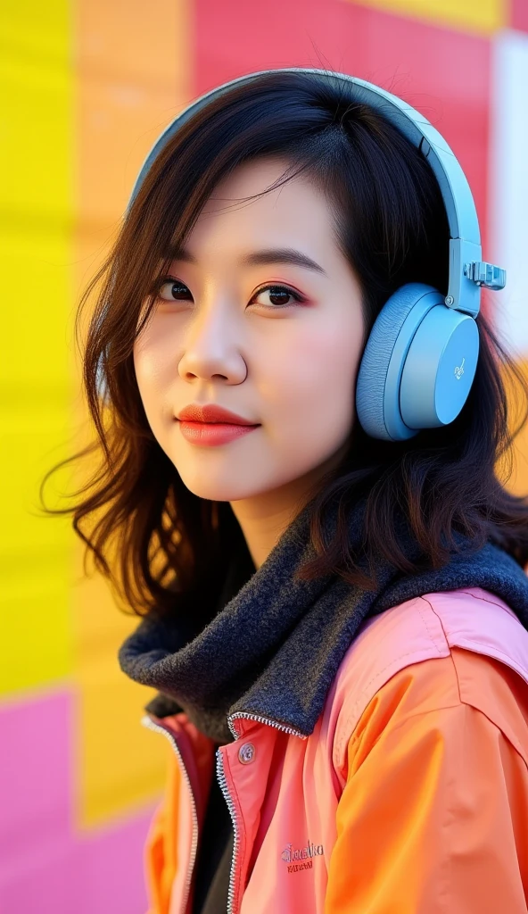 A high-quality, detailed pop art portrait of a charming Korean woman wearing stylish headphones. Her youthful features radiate sweetness and vibrancy, framed by bold, vibrant colors. The artwork blends intricate details with modern aesthetics, capturing the essence of contemporary fashion and technology in a playful, dynamic style. masterpiece, best quality, Photorealistic, ultra-high resolution, photographic light, detailed eyes, detailed lips, illustration style,