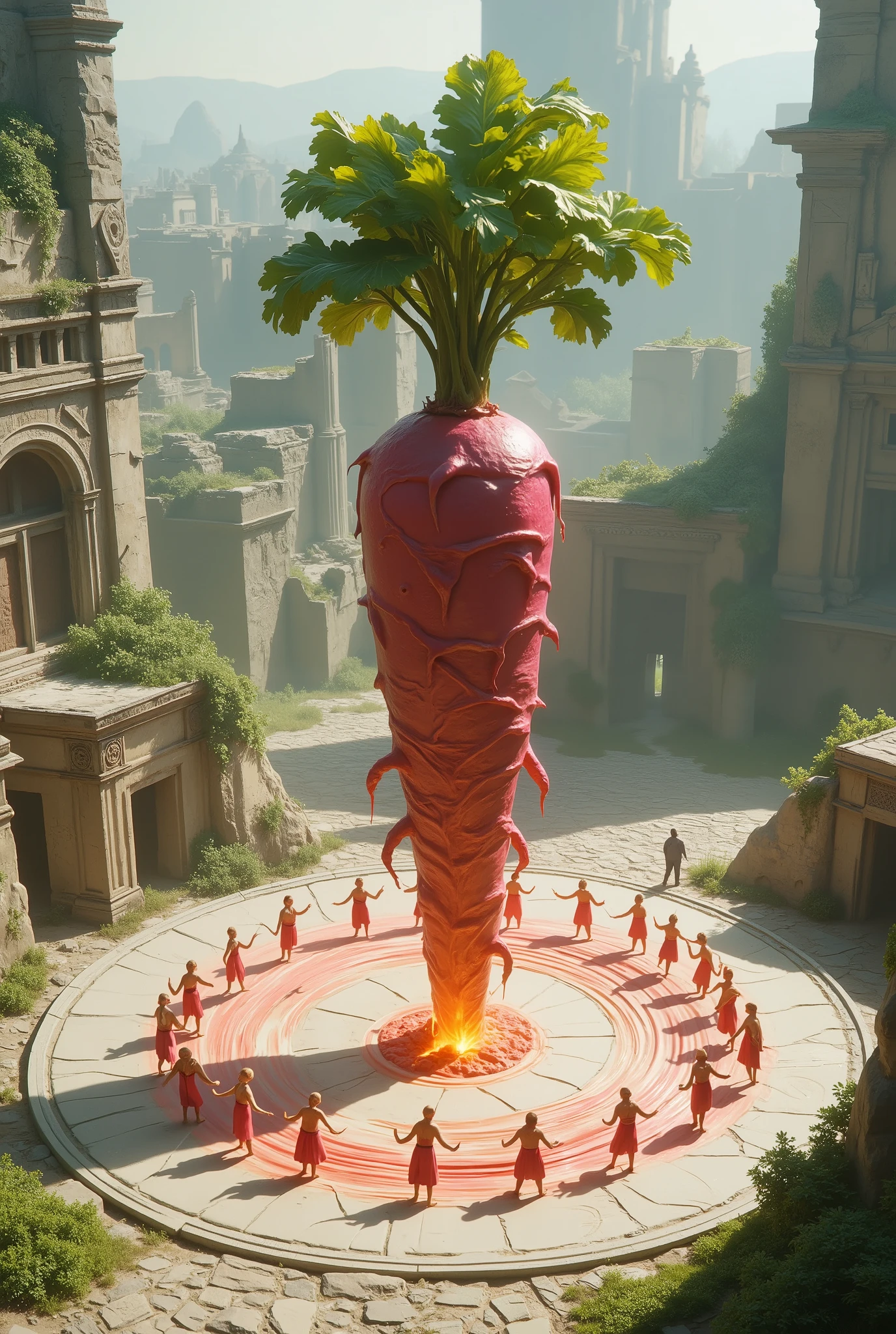 A monument of giant radishes in the central square of the ancient ruins, surrounded by a circle of radishes wrapped in white lava dancing around it.