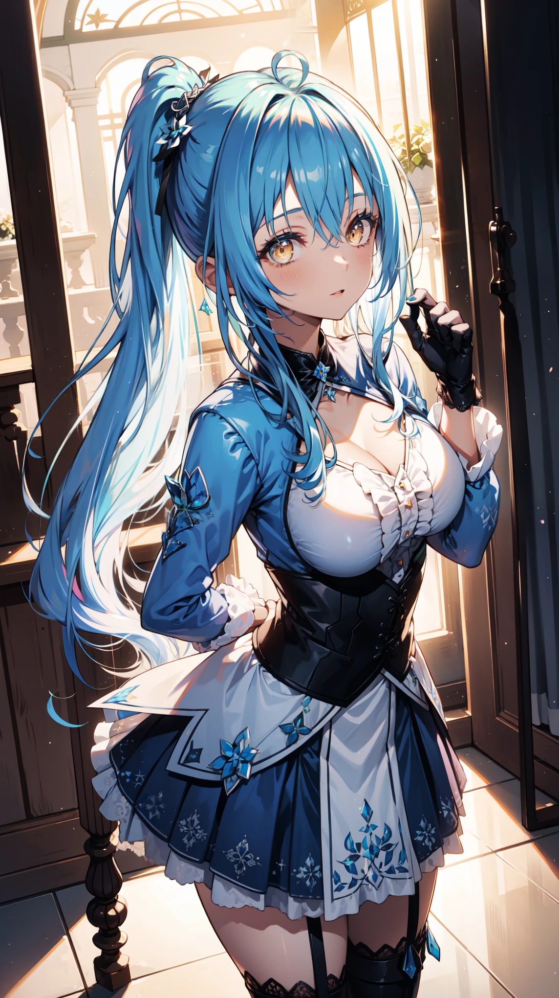 ( 1 girl ), cute young girl, blue hair , ( long hair with double ponytail), Gothic Outfit , ****Wear a skirt, Black Rose, Jewel clothing, Black Lace-Up Booties , ( cowboy shooting ), cute, 8K, ( Gillay Fashion ), ((masterpiece)), (( best quality )), ( super detailed :1.2), ( HD:1.3), ( Professional Photography :1.4), ( Focus ), Perfect Light , ( ), , Eyeliner, Unleash Magic ,Royal Princess,Princess Decorations ,Lace gloves,Lace skirt, Luxurious Outfits ,palace, dancing