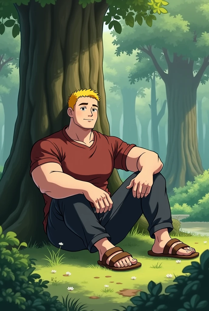 scoobydoo, shaggy rogers, tank top, relaxing, lawn chair, outside, bottomless, legs together, long penis, eyes looking at viewer, backyard, tree, shade, blue sky, bee landing on glans