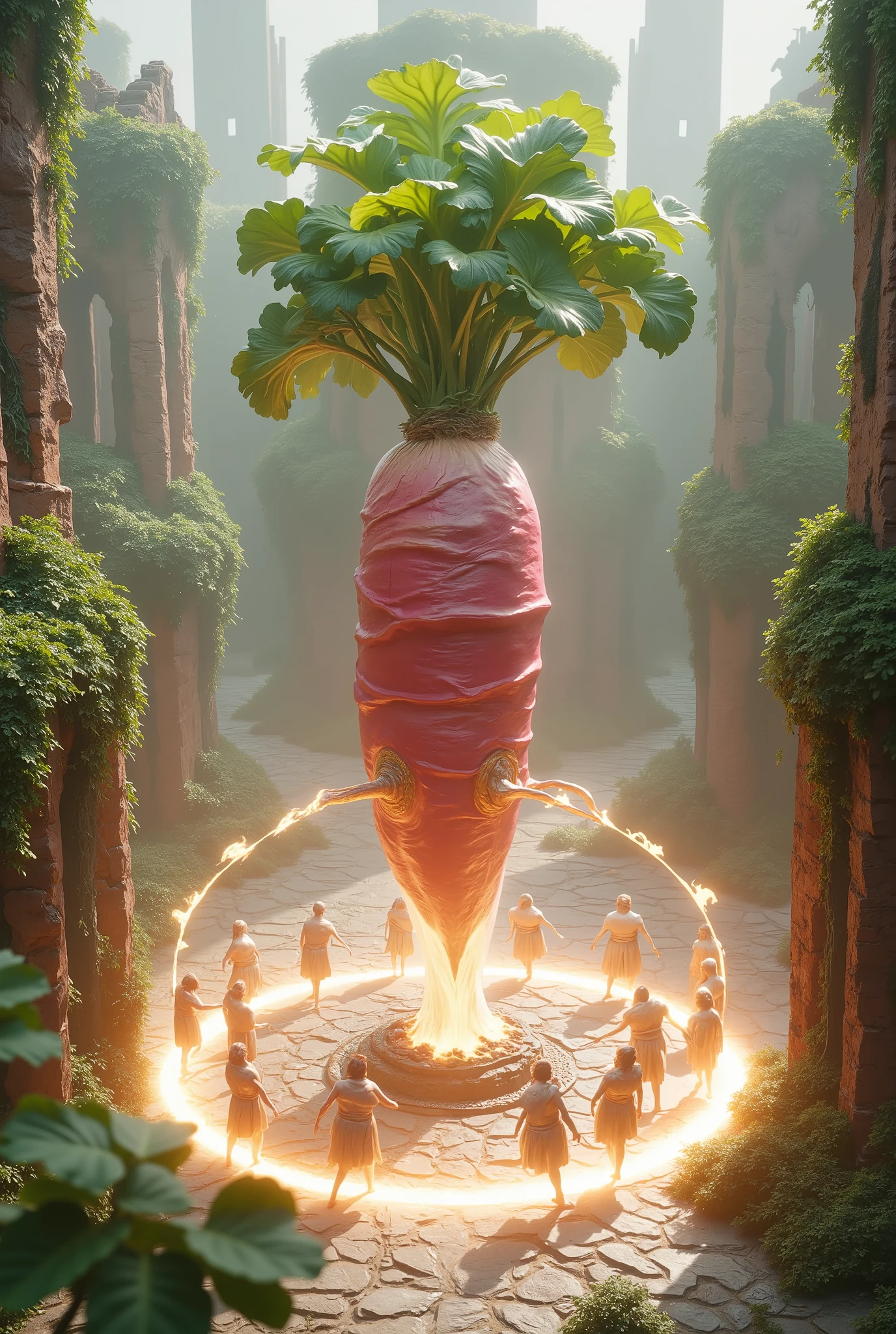 A monument of giant radishes in the central square of the ancient ruins, surrounded by a circle of radishes wrapped in white lava dancing around it.