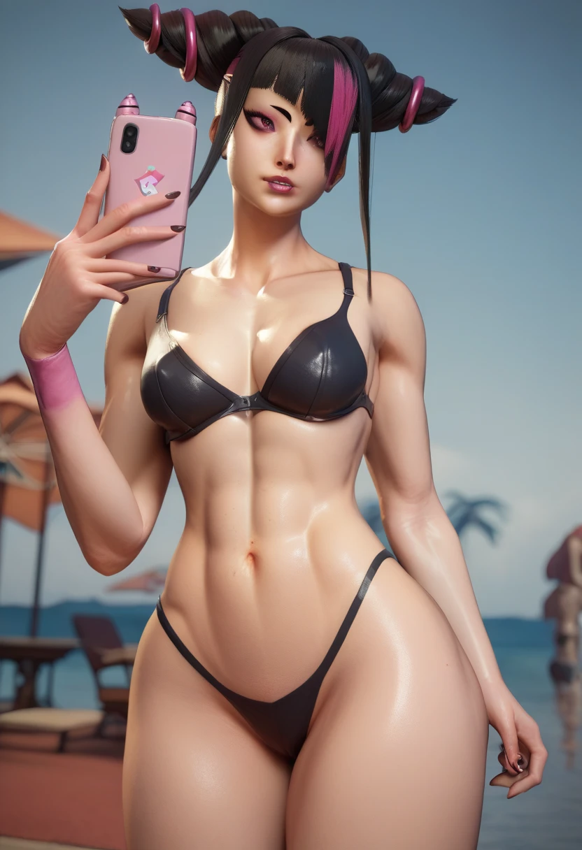 juri_Han black hair tied medium tits thin waist sarada abdomen thick legs sarada Black thong panties and black bra cell phone in hand in front of the mirror posing sexy in 3D tá nas grossa grande sensual antes do espelho