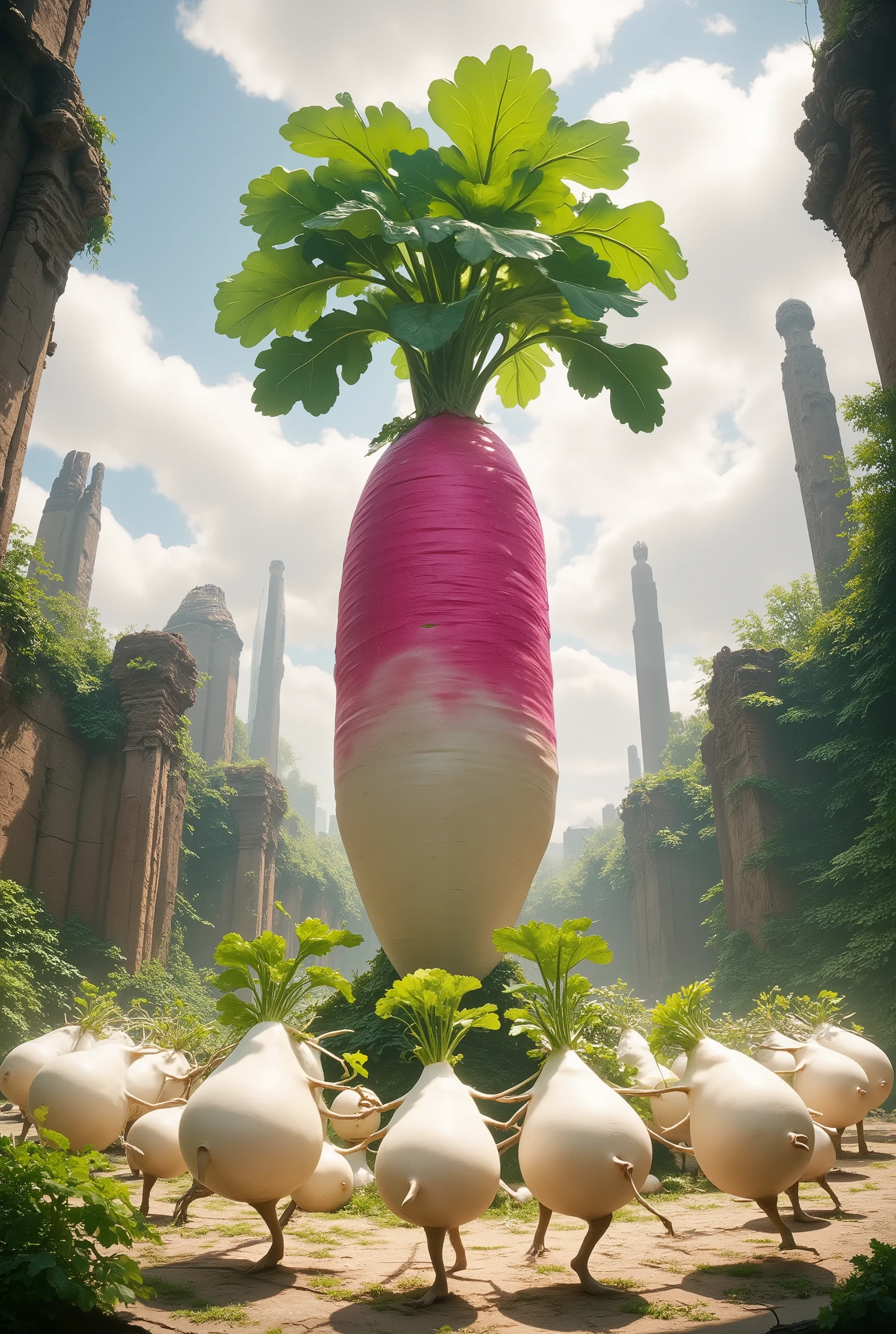 A monument of giant radishes in the central square of the ancient ruins, surrounded by a circle of white radishes dancing around it.