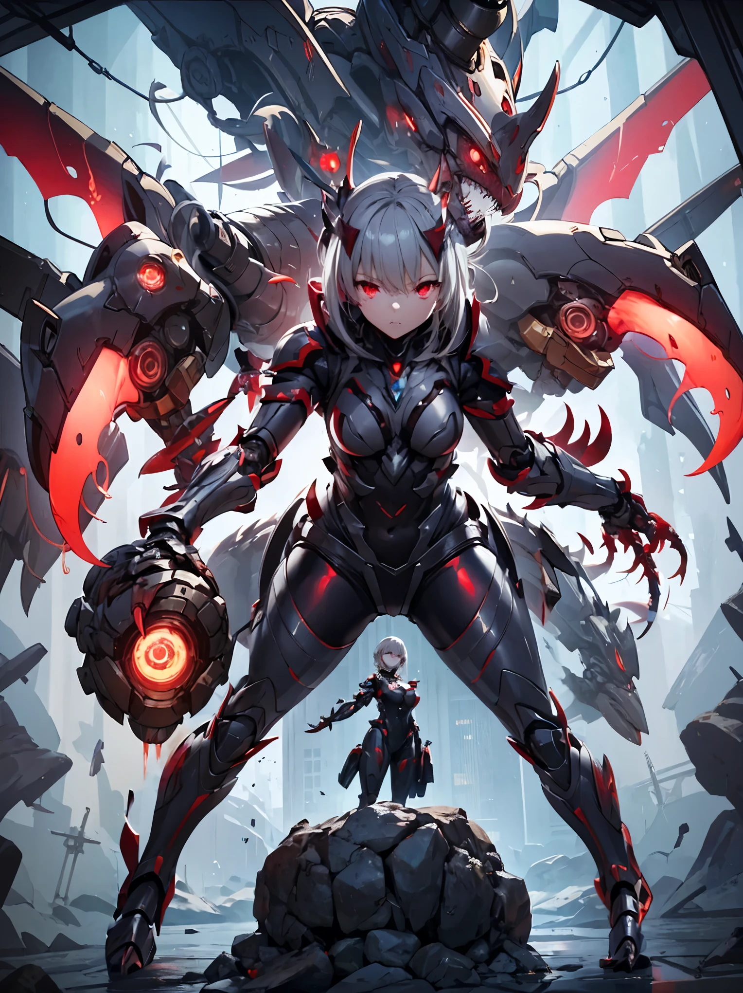 Mechanical Weapon Girl. Full body bodysuit. Latex. Cyber wind. Light armor. Grey hair. Glowing red eyes. Glowing core. A mechanical Kaijyu in the background. large sharp claws; Mechanical Fang. Red and black machine. Battleship. Sit down. Arms crossed. A swarm of mechanical insects.
