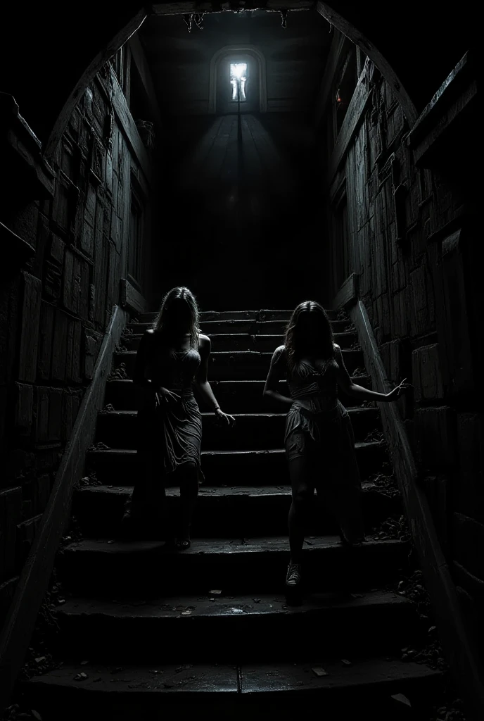 " A dark wooden staircase that creaks as the couple climbs with flashlights, illuminating the upper corridor . The atmosphere is tense,  with long shadows cast on the walls . In the background,  a half-open door seems to oscillate slightly ,  suggesting that someone or something is moving upstairs ."