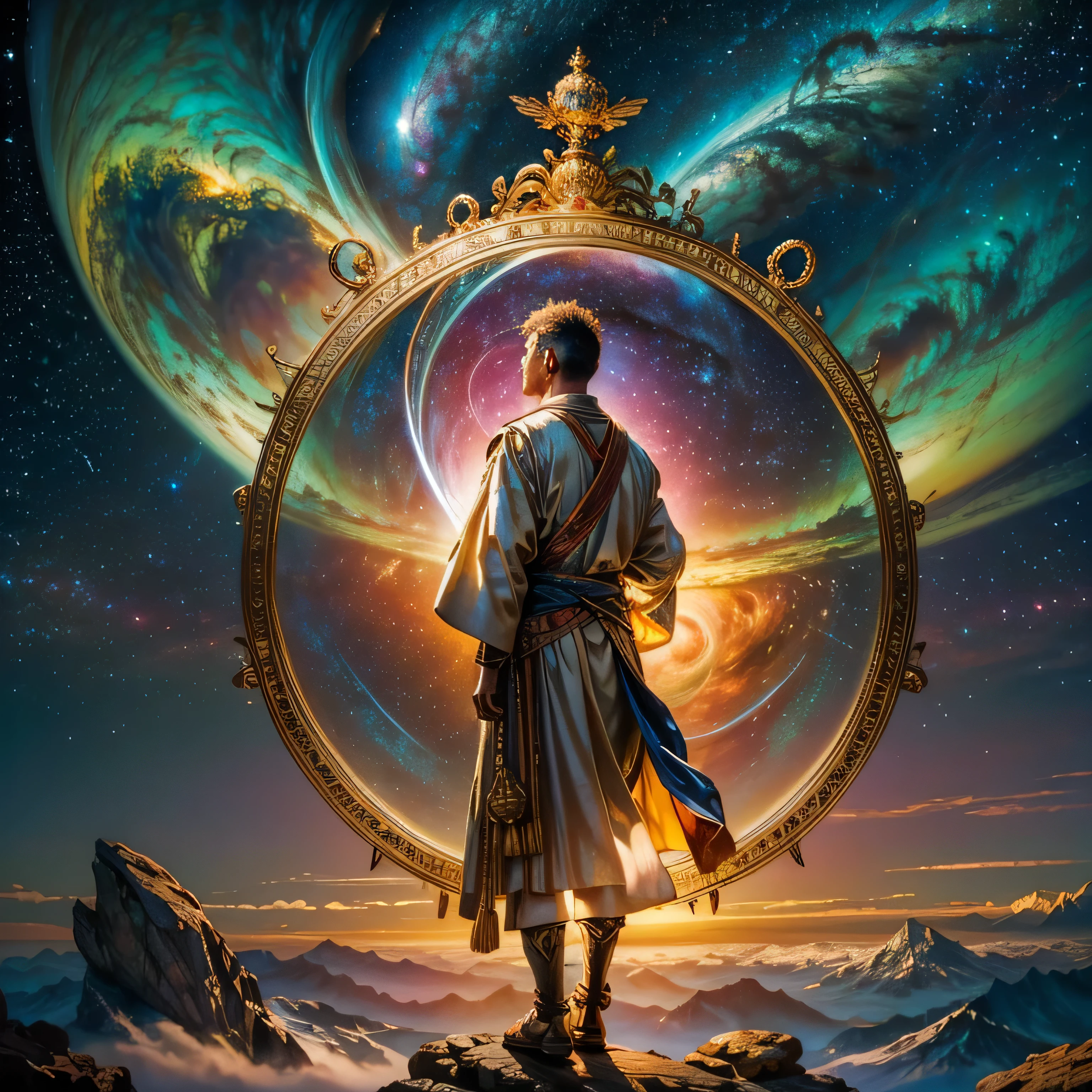 A cover that conveys spirituality and reflection. In the center, a stunning starry sky with galaxies and nebulae, symbolizing the vastness and grandeur of creation. At the base of the image, a silhouetted human figure stands with their back turned, gazing at the sky, positioned in a field or natural setting, evoking contemplation and connection with the divine. A gentle beam of light descends from the stars, illuminating the figure, symbolizing divine guidance.