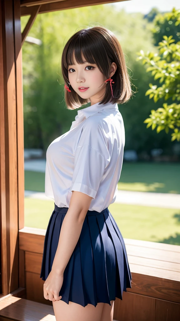 Photorealistic,masterpiece, best quality,ultra-detailed ,japanese tween girl,cute,((she lift her skirt and shows her panties)),She takes great pleasure in showing off her panties to viewer,skirt lift,short bob hair,small breast,latest fashion,very happy,very slutty,outdoor,Dazaifu Tenmangu,Japan,