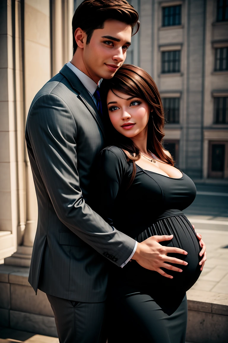 man with brown hair and eyes without beard wearing a blue suit and tie, hugging pregnant woman in a black dress, Photorealistic, Best Quality, m4ri