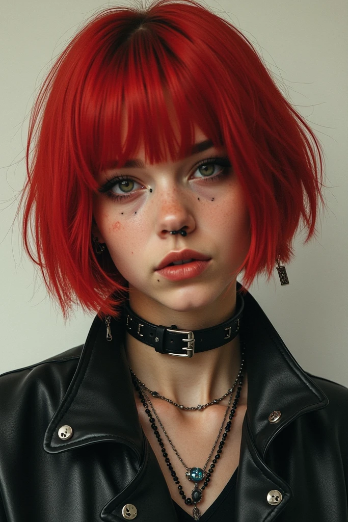 A teenager with short and straight red hair, brunette with piercings