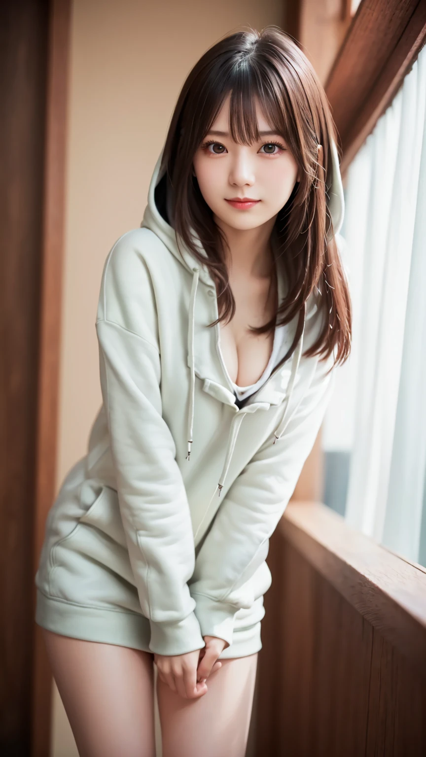 (Thin legs : 1.3), ( hoodies  : 1.7), (Lean on one's elbow : 1.8), Seated, Feminine dark hair , ( Delicate and realistic hair, 1 1 Realistic Hair), bangs, natural colored lips, smile, ((white indoor)), ( 18 year old female : 1. 2), young and adorable Japanese face, Official Art, high definition CG Unity 8k wallpaper, (masterpiece: 1.0) , ( best quality: 1. 0), ( best quality: 1. 0), Ultra high definition ,4K, Very detailed, half photos with Brazil,8k, NFSDW  , high definition , Kodak Portrait 400, film grain , lens flare glow, best quality,8k, NFSDW  :1. 2), as a portrait shot,8k, Show viewer , ((masterpiece)), (( best quality)), ( super detailed), ((cute)), (Nice), (( sexy)), (( Very detailedな)), (detailed clothing features), 4K, (8k), (beautiful), Illustration, beautiful Japanese woman, ((1 female)), beautiful black hair, ( long hair:1.2), ((beautiful eyes)), lens flare , (((Front View))), ((facing))、(Bold Cleavage : 1.1)